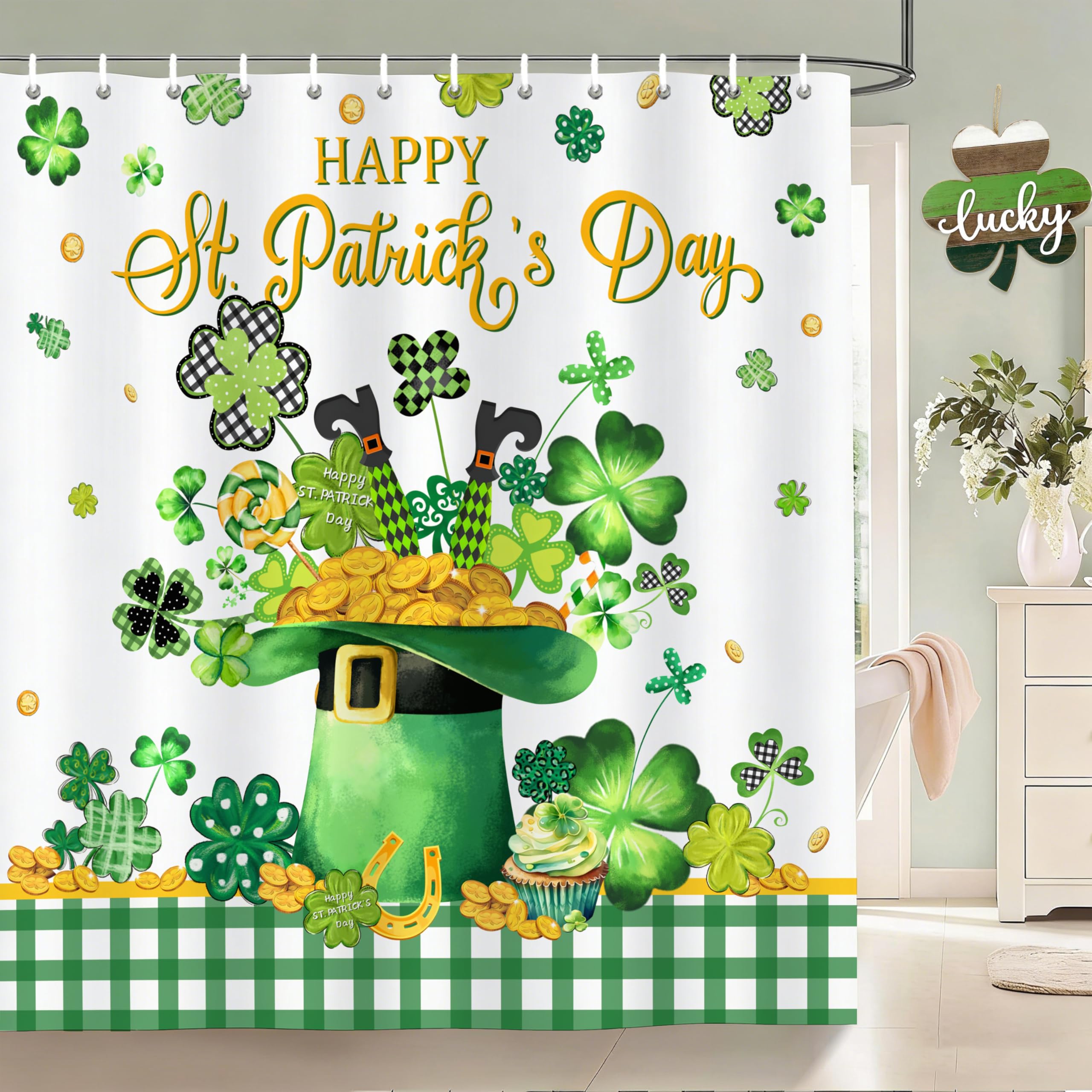 Miffrank St. Patrick's Day Shower Curtain Shamrock Shower Curtains Waterproof Fabric Bath Curtains with 12 Hooks for St. Patricks Day Home Bathroom