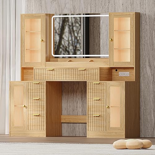 Fluted Makeup Vanity Desk with Mirror and Lights, 55" Glass Top Vanity with 8 Drawers & 4 RGB Glass Cabinets, Adjustable Shelves & Power Outlet, Modern Dressing Table Set for Women Girls Bedroom