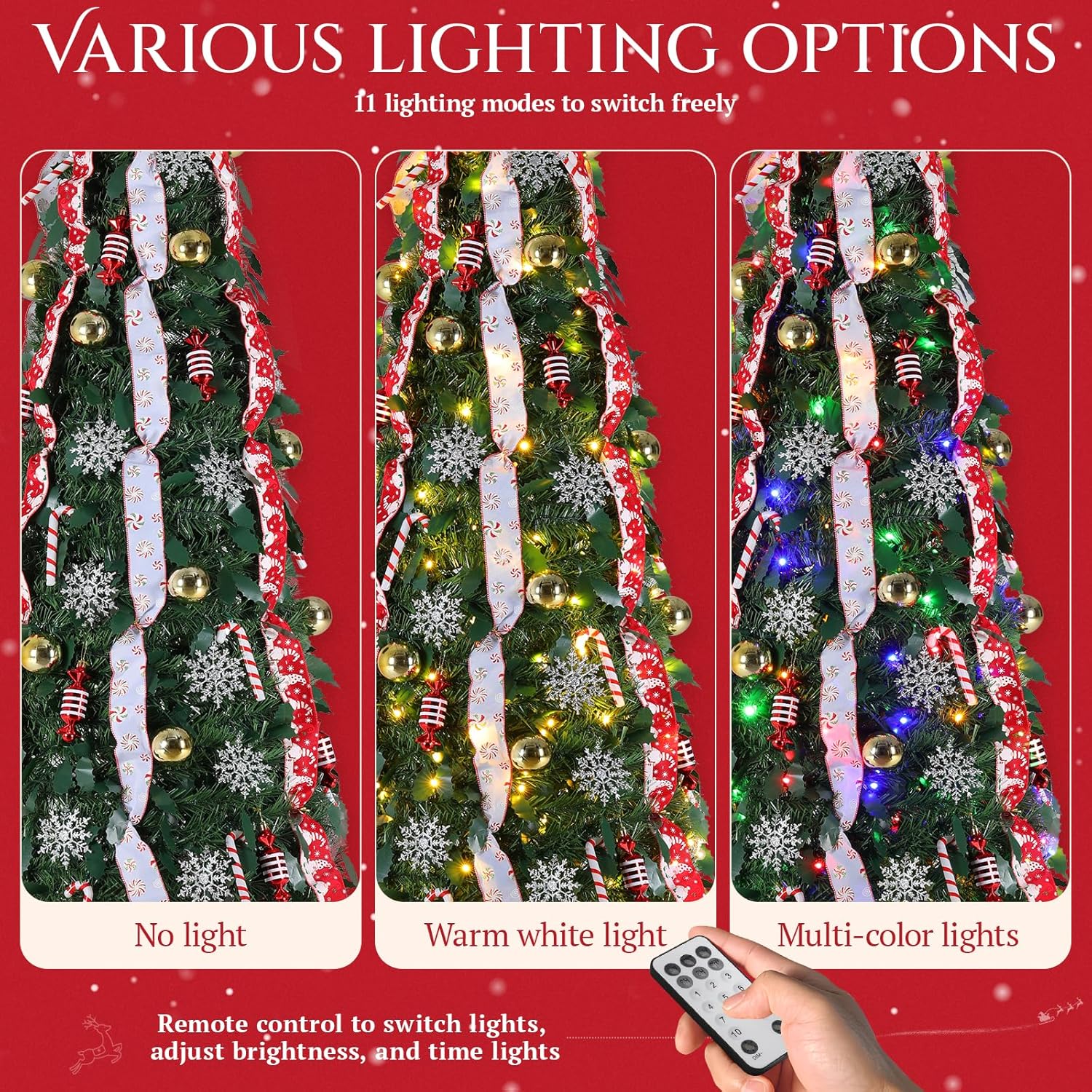 TLSUNNY 6FT Pop Up Christmas Tree, Pre Lit Decorated W/150 Warm White & Colored Lights, Collapsible Artificial Christmas Tree w/Remote, Brightness Adjustment, Timing, 11 Models, Xmas Holiday Decor