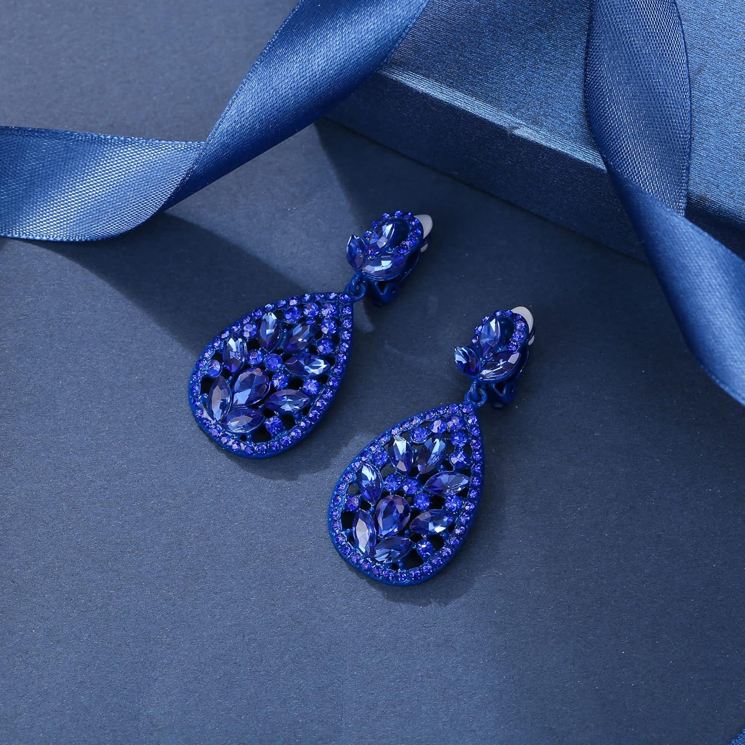 EleQueen Clip On Rhinestone Crystal Wedding Bridal Bohemia Teardrop Chandelier Dangle Earrings for Women - Image 6