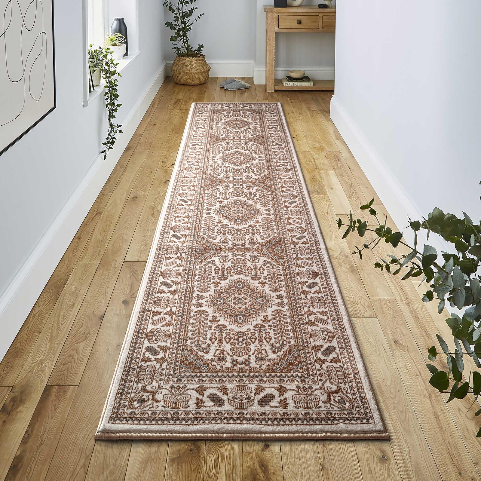 renoazul® Hallway Long Runner Rug With Jute Back, Traditional Rug - Zinat 80 x 300 cm, Cream - Washable Carpet For Kitchen, Hall Runner and Lounge