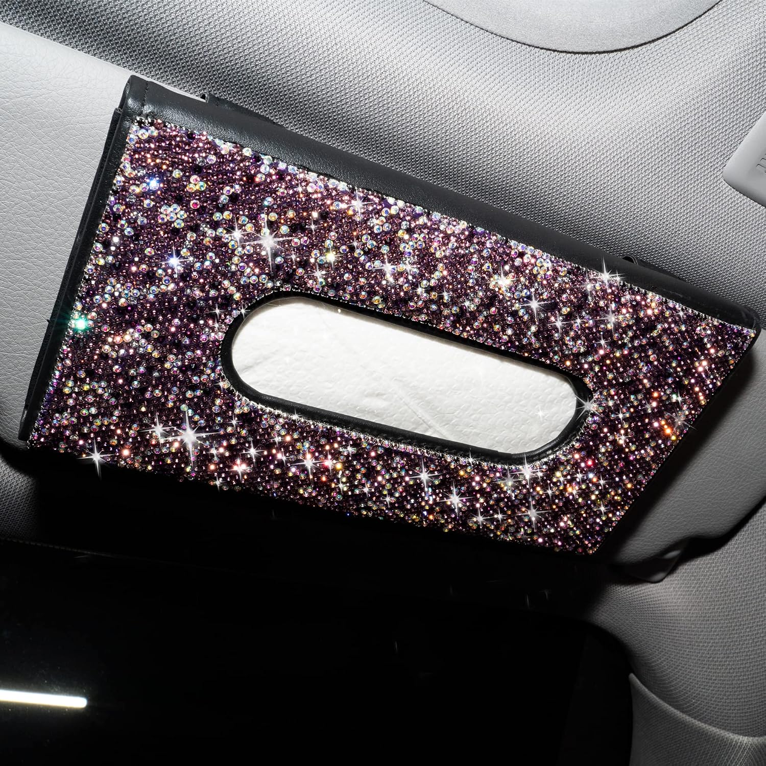 Aphbrada Bling Car Sun Visor Tissue Napkin Box Holder, Rhinestone Face Mask Dispenser for Car, Crystal Sparkling Car Interior Accessories Gift for Women Girls (Purple)