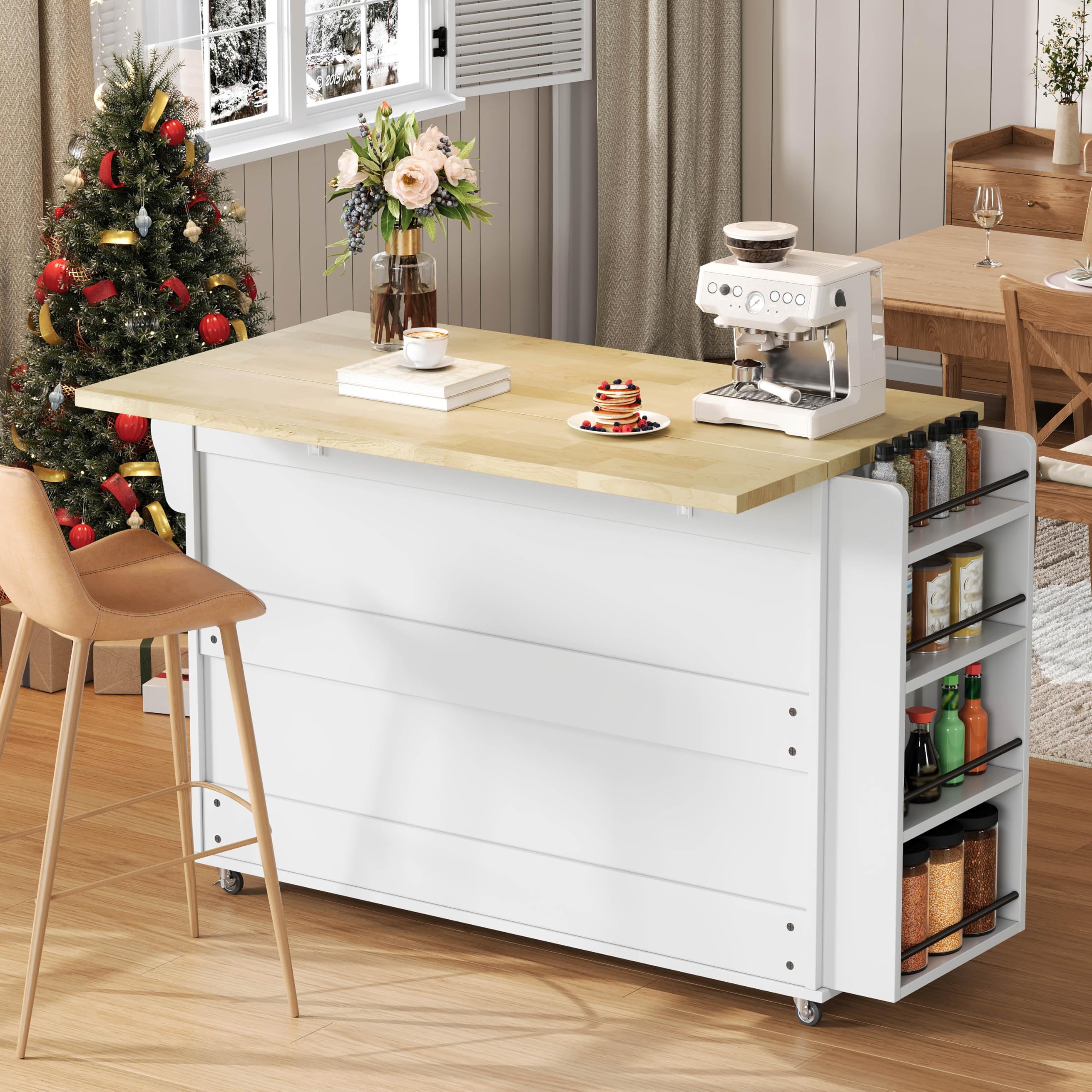 Merax Îlot de cuisine mobile avec plan de travail pliable, chariot de cuisine sur 5 roulettes avec frein, étagère à épices et tiroir, îlot de cuisine avec beaucoup d'espace de rangement, 120 x 45 (70