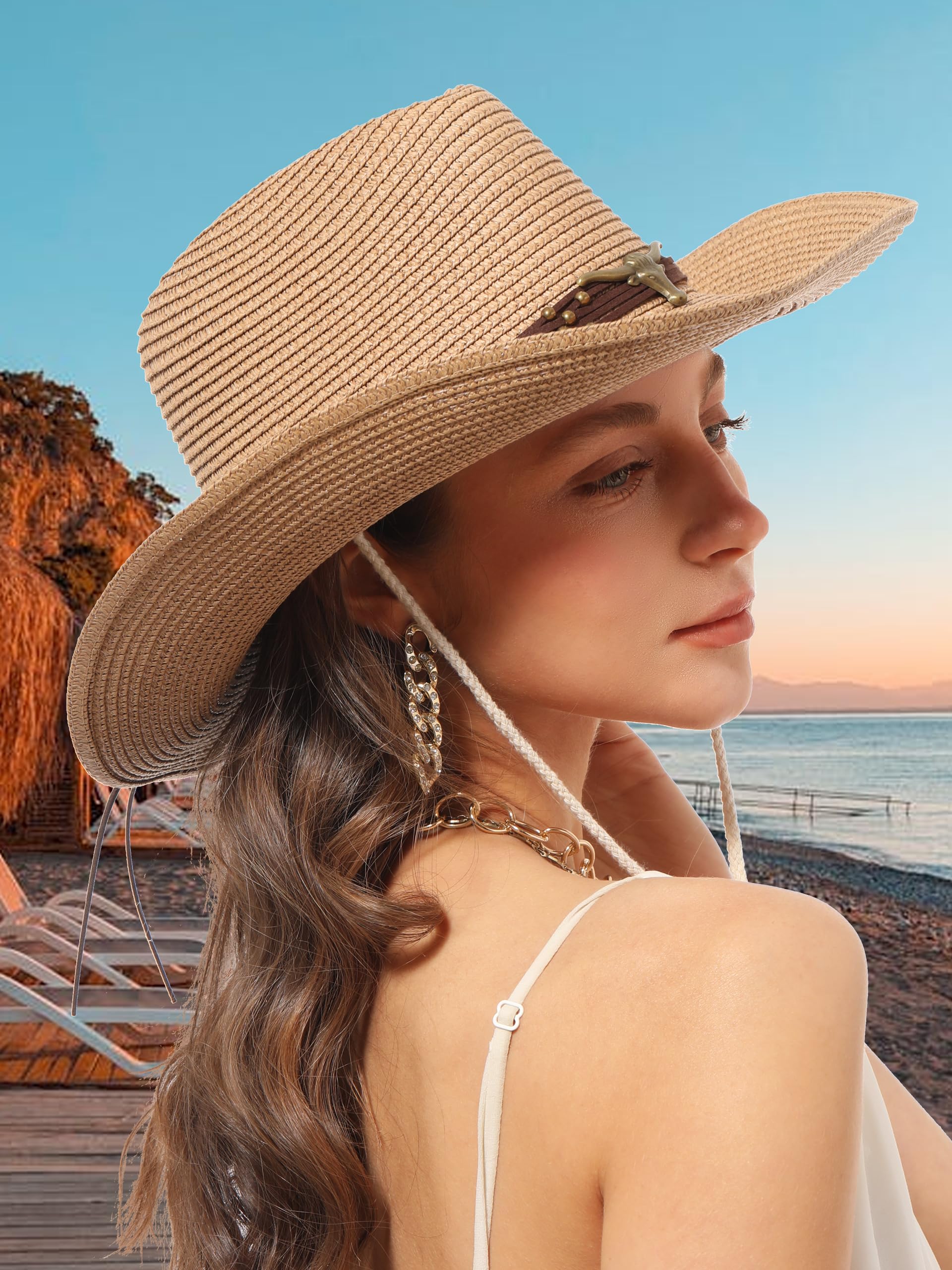soul young Chapeau de Cowboy en Paille Tressée pour Femme Chapeau de Soleil