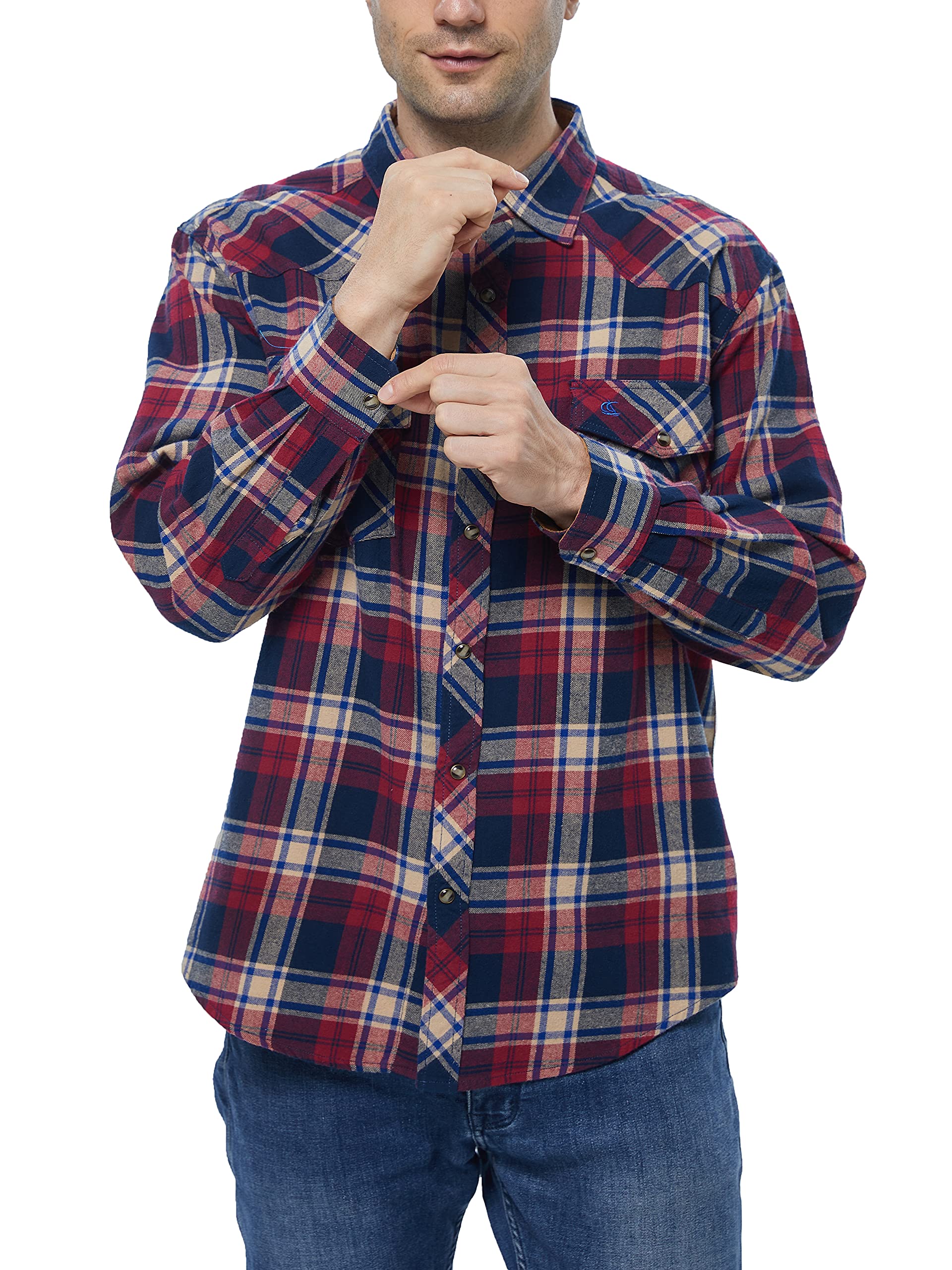COEVALS CLUB Chemise de travail décontractée en flanelle pour homme, Kaki/bleu/pourpre #7, Taille L