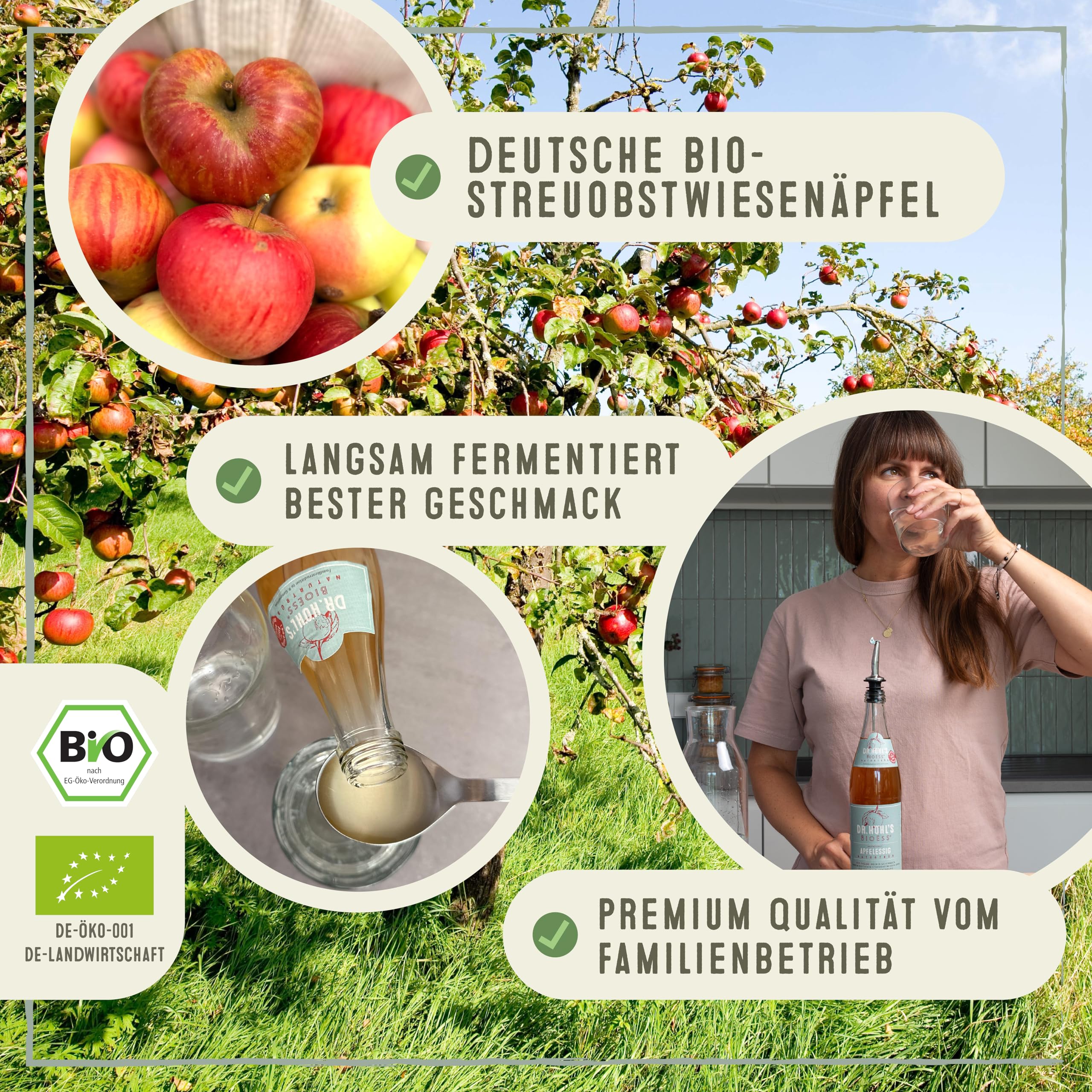 Vinagre de manzana ecológico sin filtrar en pack de 6 botellas, con sedimentos naturales, elaborado con manzanas enteras procedentes de huertos alemanes, vegano, BioEss, desde 1962 (6 x 500 ml).