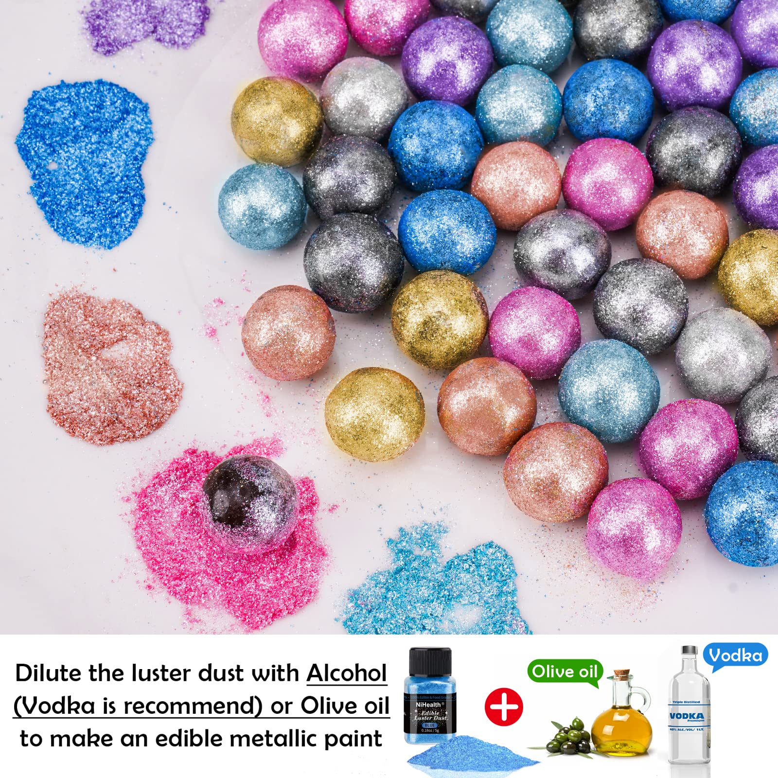 NiHome Edible Food-Grade Glimmer Powder Glitter Luster Dust Metallic Food Decorating Sprinkle Glimmery Dust for Drink Wine Beverage Cake Candy Dessert Bakery Restaurant Vegan (0.18oz/5g, Iridescent): 0.35 oz (10 g) Blue