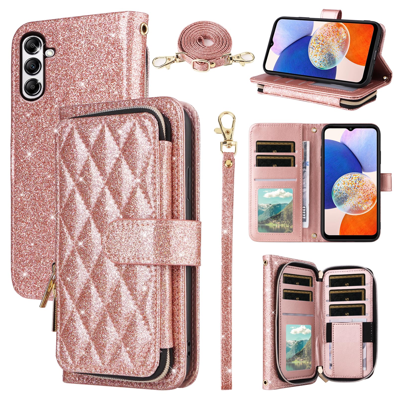 Furill Wallet Case for Samsung Galaxy S23 FE 5G with Detachable Wrist Strap, Shoulder Strap, 9+ Card Slots Zipper Purse, Luxury PU Leather Stand Cell