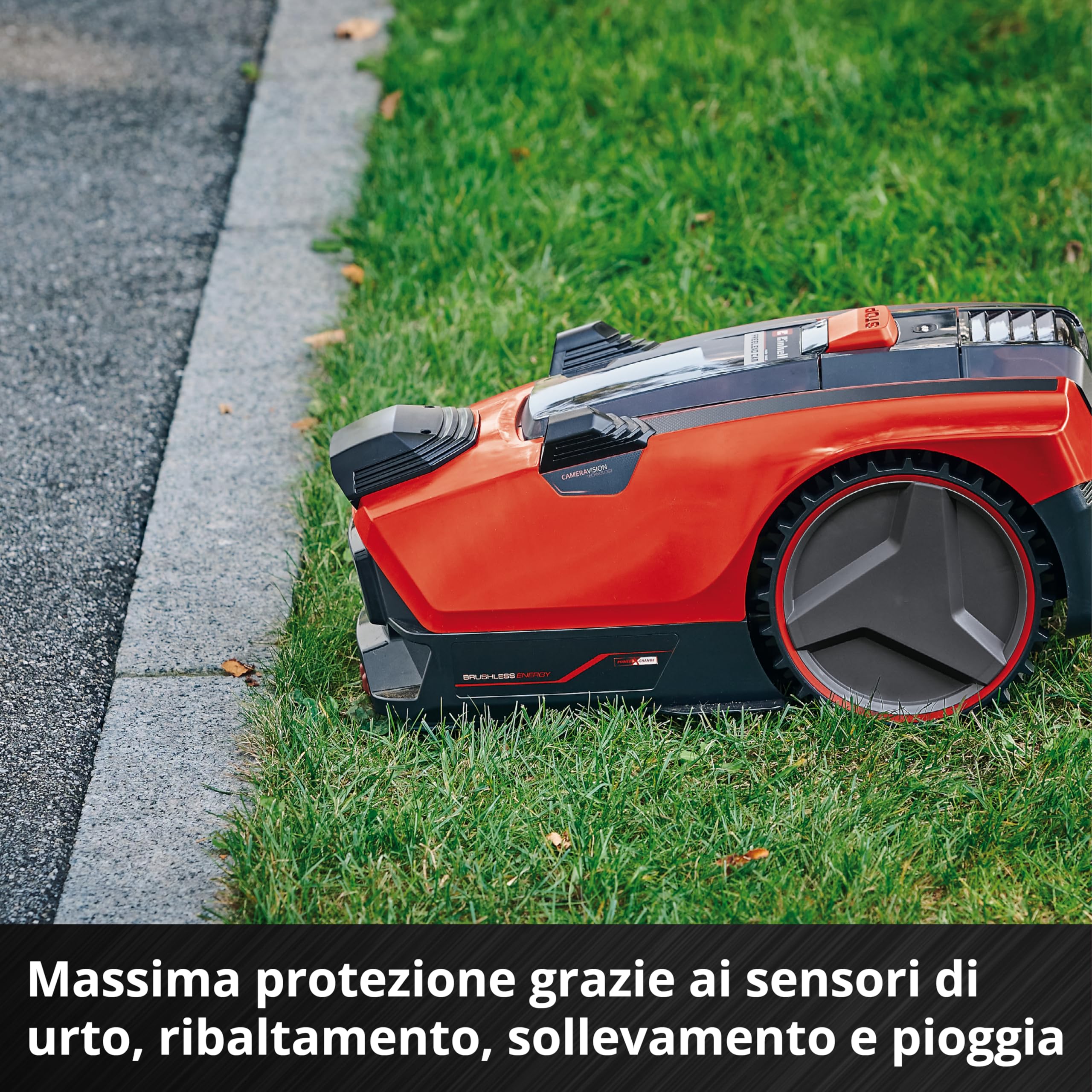 Einhell tosaerba FREELEXO CAM 500 Power X-Change (18 V, la telecamera sostituisce il cavo perimetrale, per 500 m², brushless, fino al 25% di pendenza, larghezza di taglio 18 cm, incl. batteria 3,0 Ah)