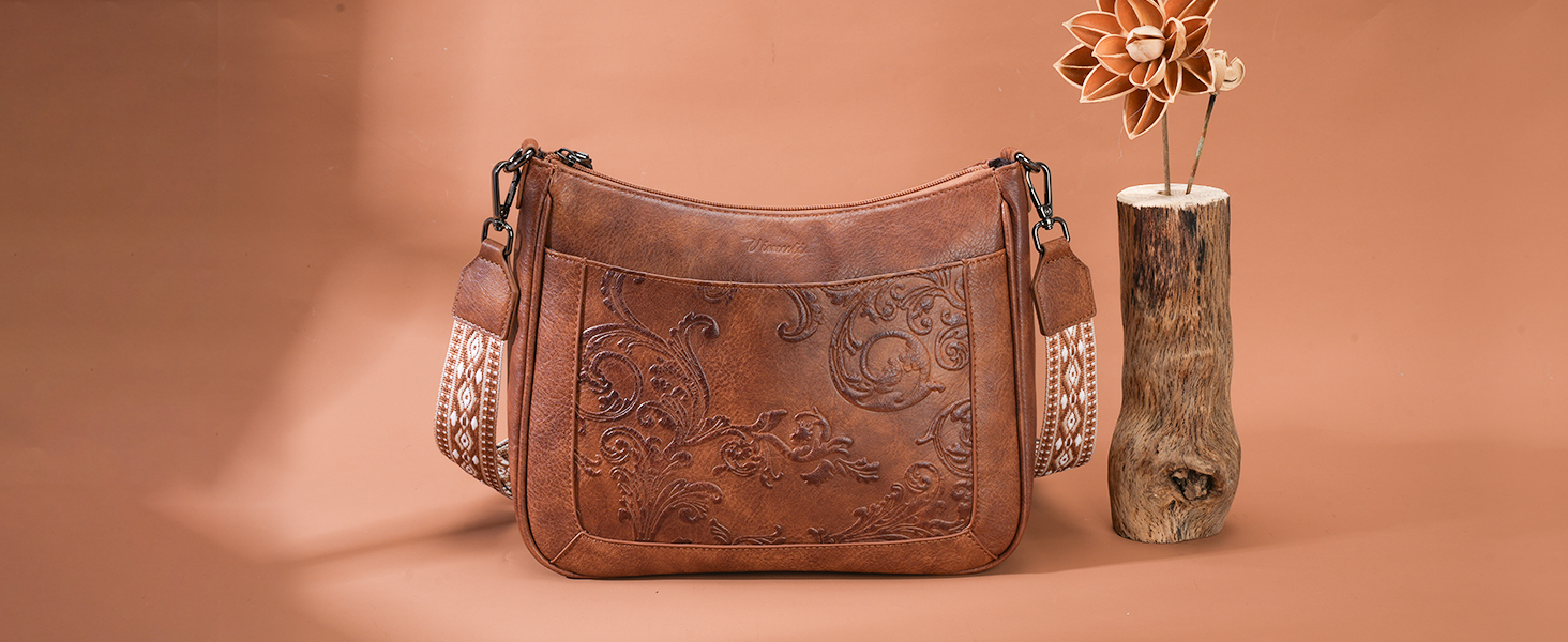 VIMUTI Women's Vegan Leather Crossbody Bag - Embossed Flower Design With Adjustable Strap