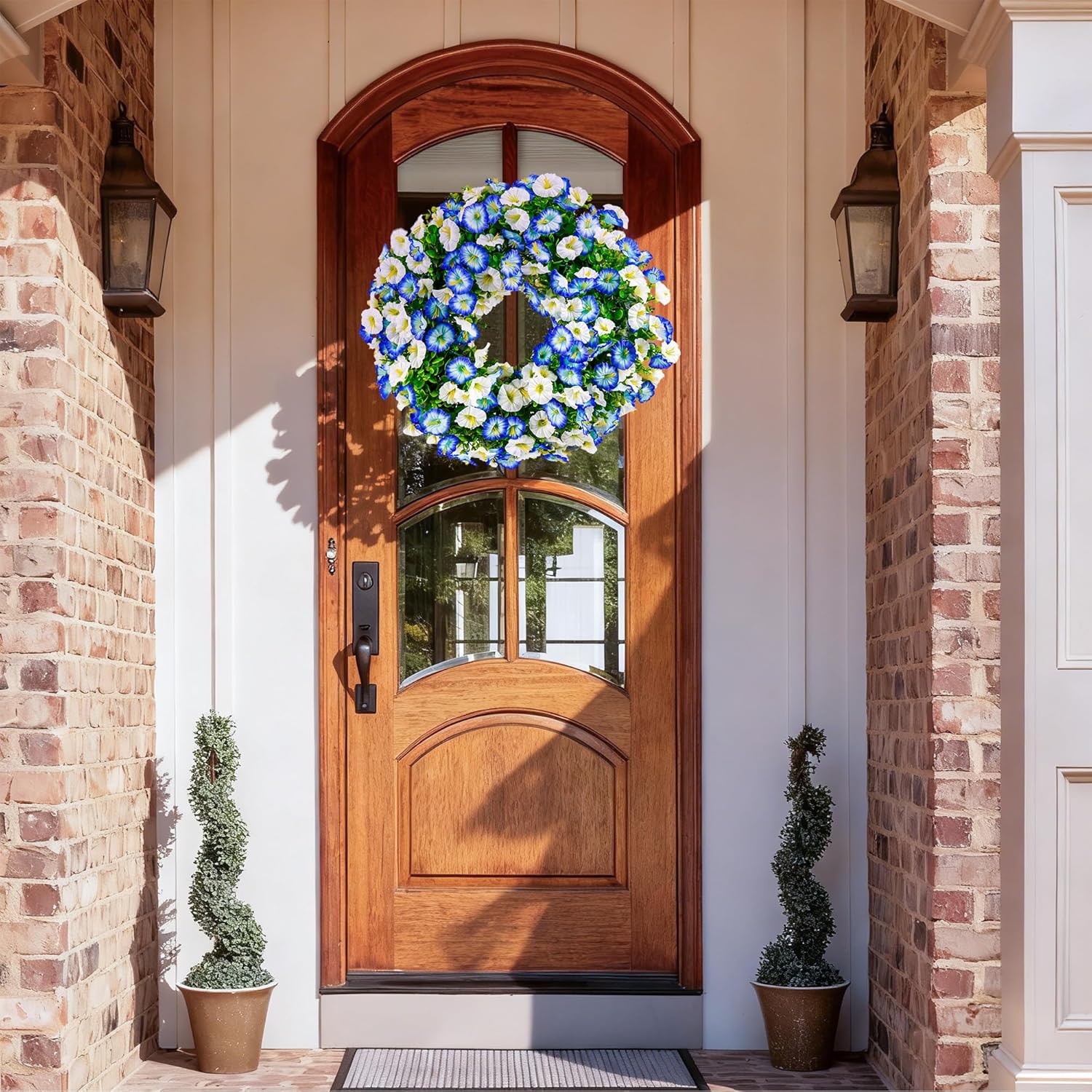 20 Inch Spring Summer Wreaths for Front Door, Artificial Fake Flowers Silk Floral Wreaths with Faux Plants Green Eucalyptus Leaves for Outdoors Farmhouse Wall Wedding (Blue and White, 17.5“)