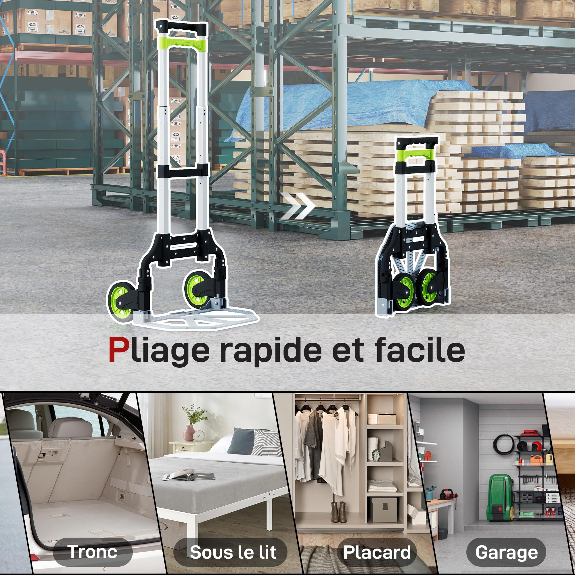 HOMCOM Diable Pliable, Diable Demenagement Robuste en Aluminium avec 100 cm Poignée Télescopique, Charge 70kg, Chariot de Transport pour Entrepôt, Aéroport, Objets Volumineux & Lourds, Vert