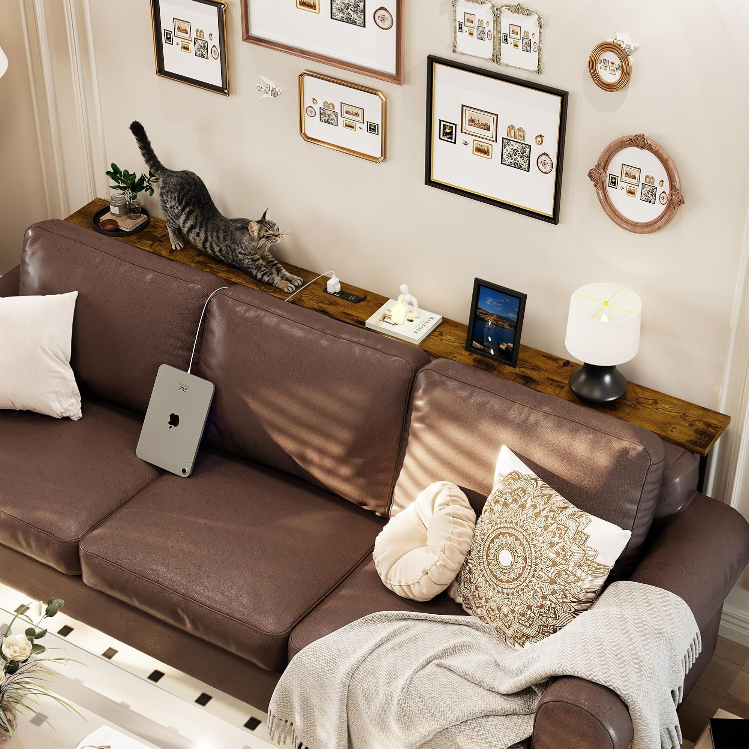 GRLEAF 78 Inch Narrow Sofa Table with Power Outlet, Extra Long Console Table Behind Couch Table with Charging Station, Skinny Entryway Table Thin Table for Living Room, Narrow Spaces (Rustic Brown)