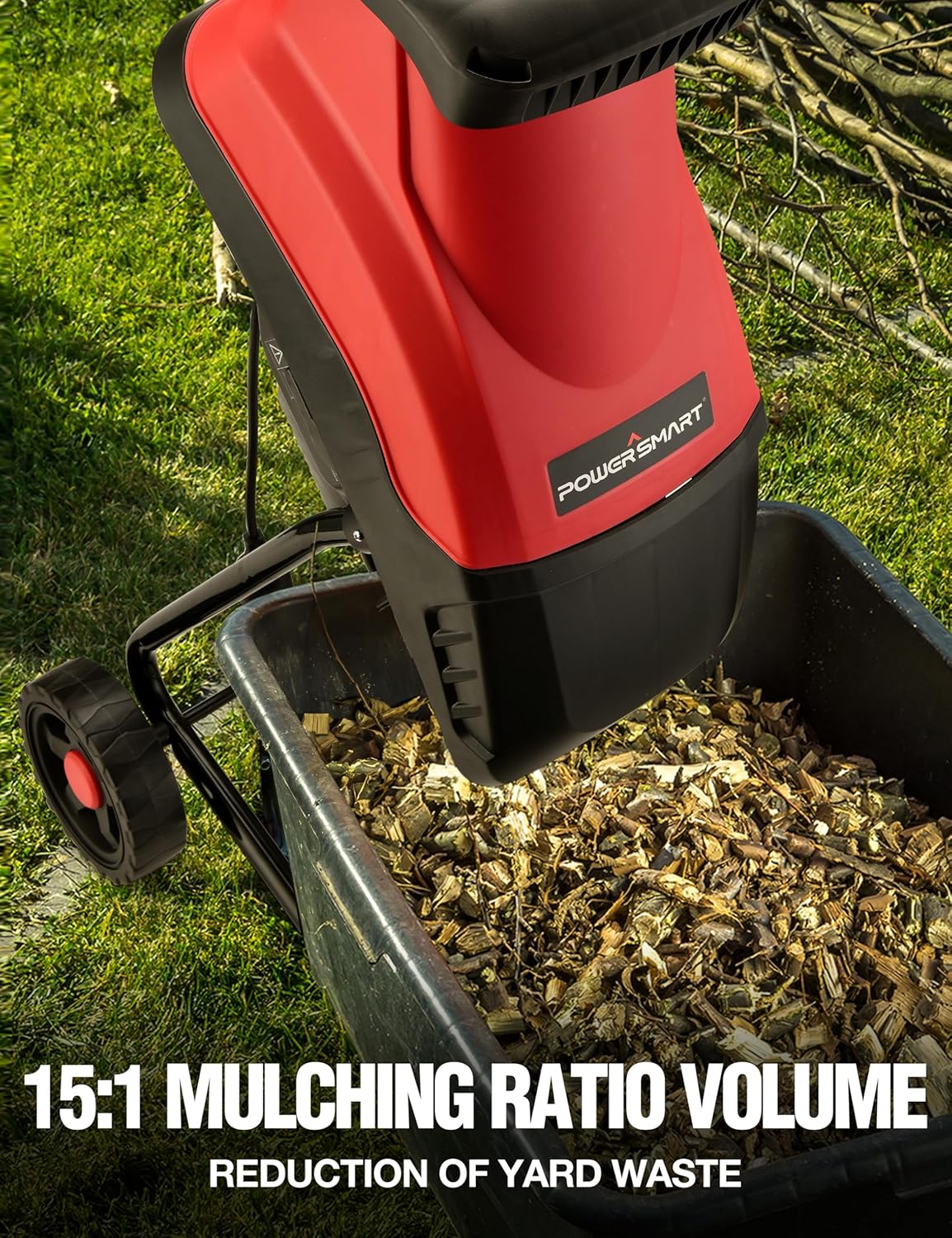 PowerSmart Electric Wood Chipper Shredder, 15A Electric Motor, 1.77" Cutting Diameter, 45L Collecting Bag for Garden Branches 15-Amp