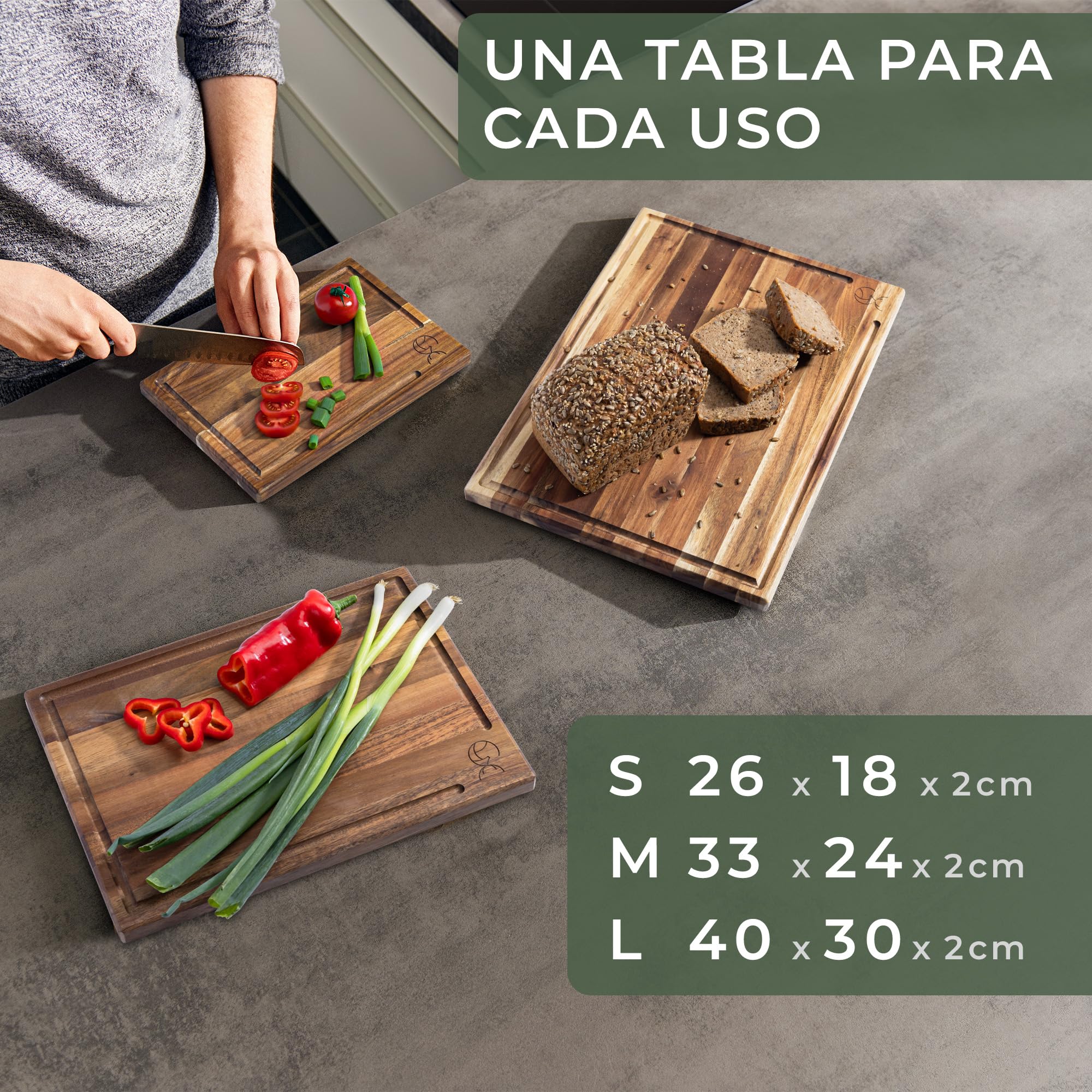 WALDWERK Tablas de Cocina (40x30 / 33x24 / 26x18 cm) de madera maciza de acacia – Juego de 3 tablas de cortar con soporte – Tabla cortar cocina de 2 cm de grosor con canal para jugos – Tablero madera