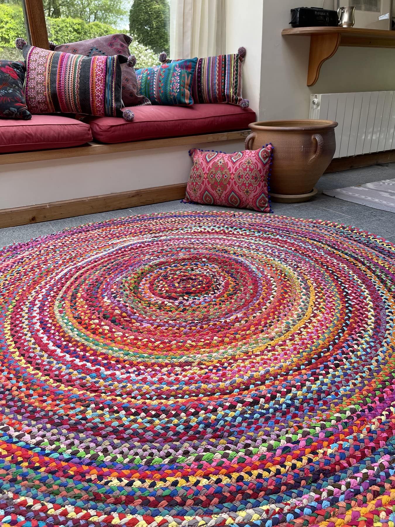 Sundar Large Round Braided Fabric Rug Hand Made Flat Weave with Multi Colour Recycled Fabric 150 cm Diameter