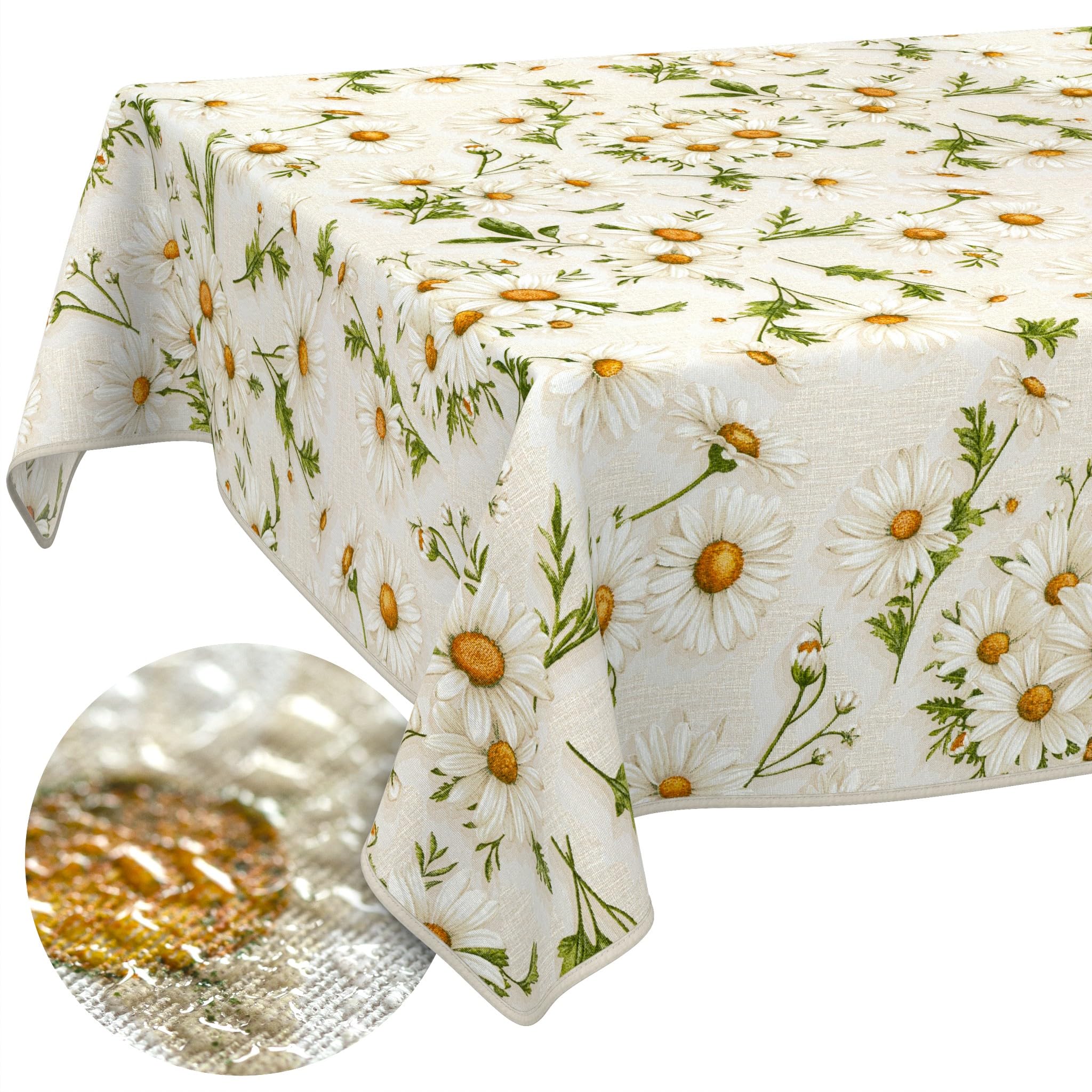 ANRO Washable Tablecloth Daisy White Rectangular 160 x 140 cm - Water-Repellent Indoor Outdoor Lotus Effect with Hem