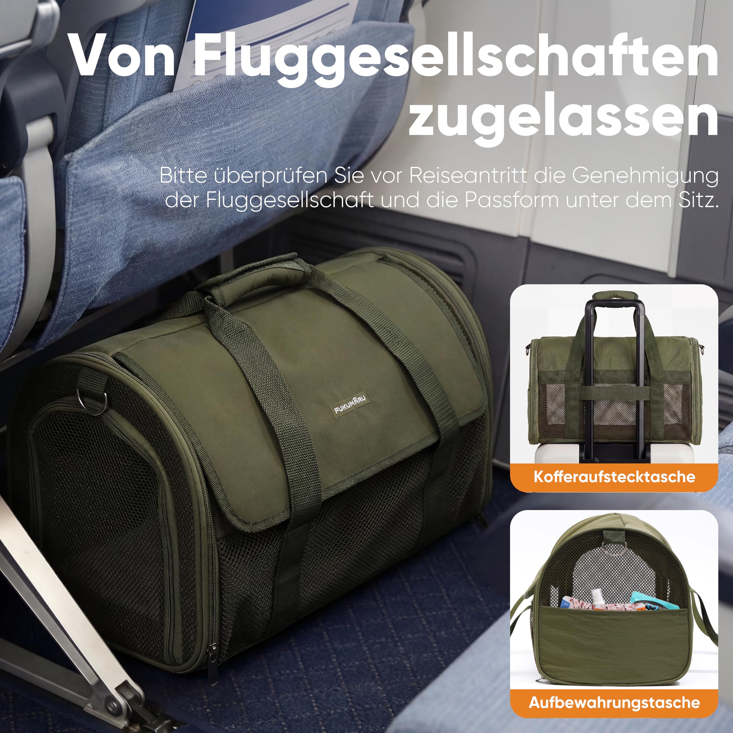 FUKUMARU Transportbox für Katzen und kleine Hunde, leicht und atmungsaktiv, 46 x 28 x 28 cm, für den Transport in der Flugzeugkabine zugelassen, weich und zusammenklappbar, kratzfestes Netz, Grün