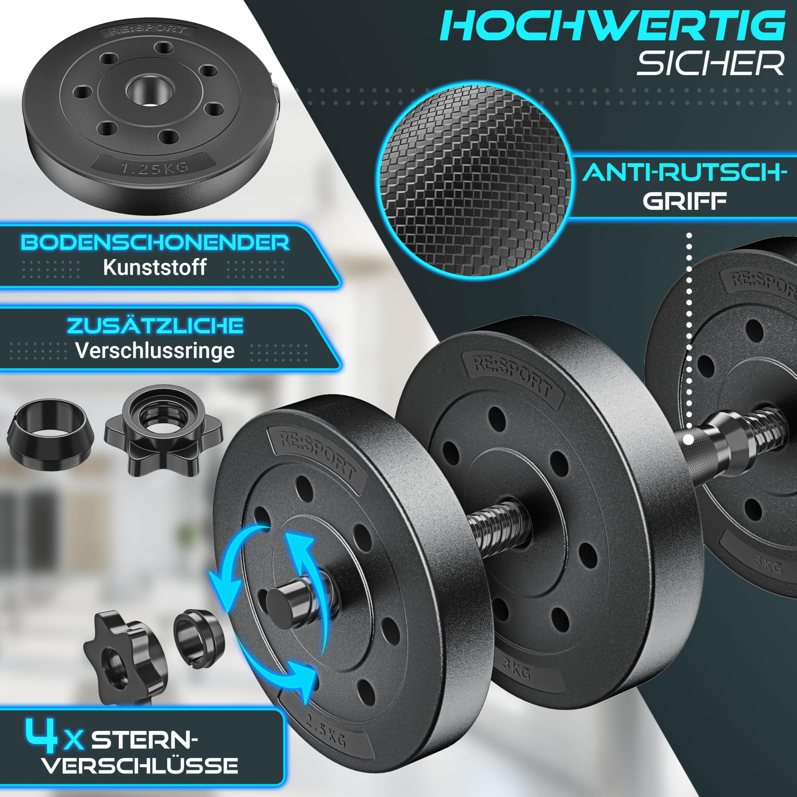 RE:SPORT 2er Hanteln Set verstellbar 15/20/30/40 kg | Hantelset mit 2 Kurzhanteln | Hantel mit Gewichten & 4 Sternverschlüsse | Fitness Kurzhantel für Muskelaufbau, Workout & Zuhause