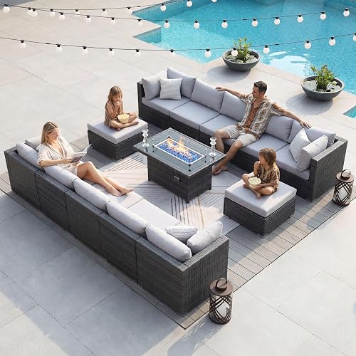 NICESOUL 13 Piece Modern Outdoor Patio Furniture Set with Firepit Natural Gas Propane Convertible, 29.3'' High Back Extra Large Size Wicker Conversation, Deep Wide Comfortable Couch for Outside, Grey