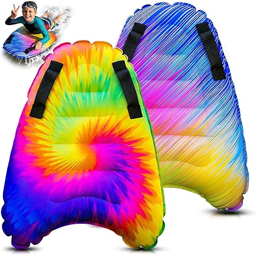 JAMBO 2 Pack Inflatable Surf Body Boards with Handles for Water Slides, Boogie Boards for Beach, Pool, Lake & Slip Slides, Lightweight Floating Water Toys for Kids & Adults