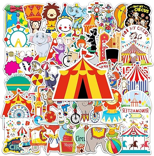 Aiwuding Paquete de calcomanías de circo, 50 unidades, lindas calcomanías de vinilo de dibujos animados, calcomanías para Hydro Flask, laptop,