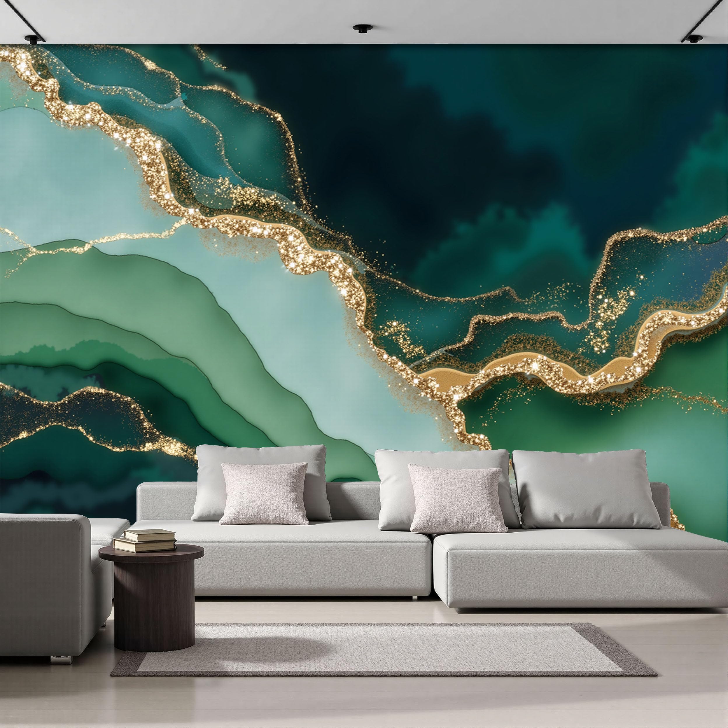 Papier peint panoramique vert émeraude et poster mural xxl marbre fissuré or