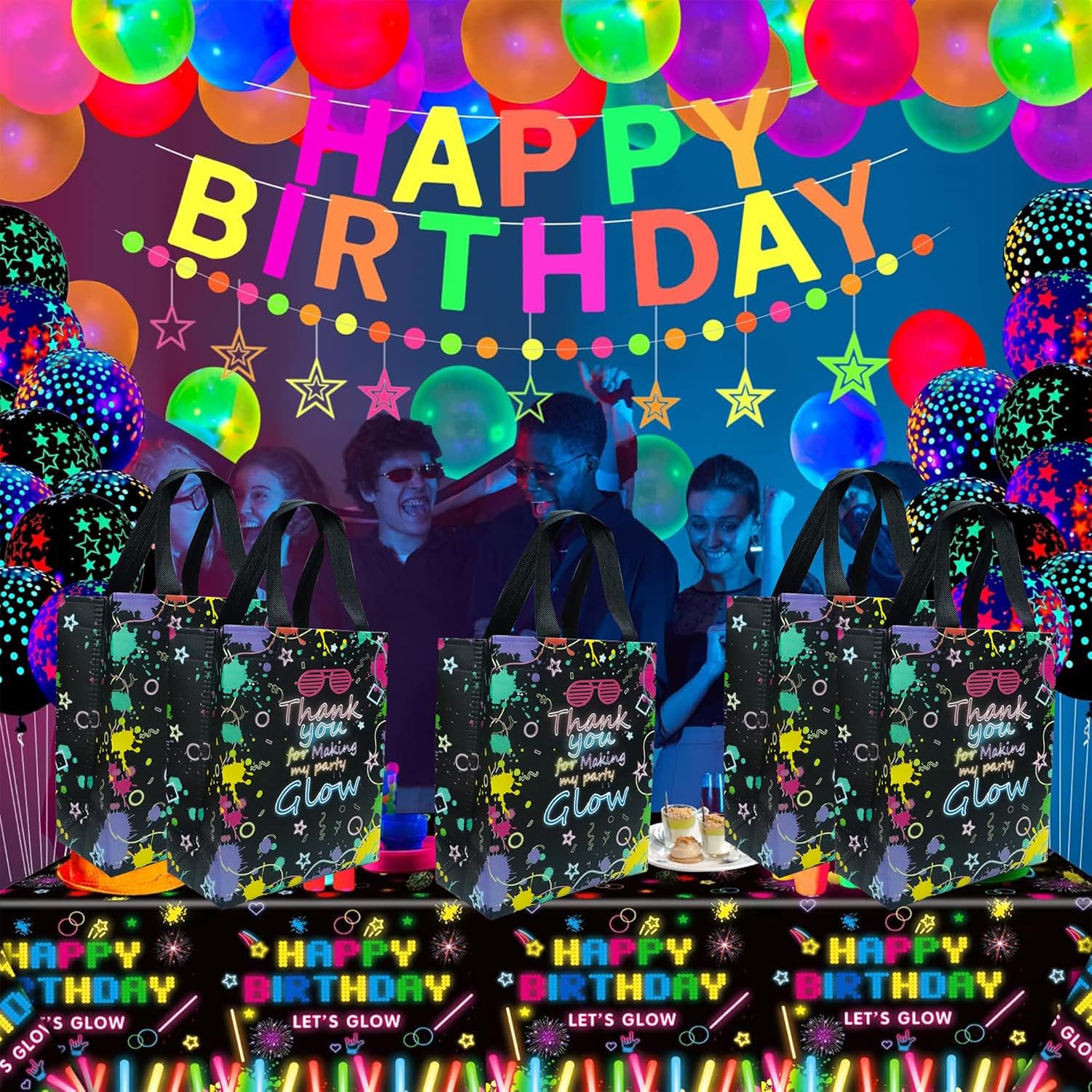 Hitkmi 24 Pcs Glow in the Dark Party Bags with Handle, Let’s Glow Gift Bags, Neon Non-Woven Birthday Favor Candy Treat Bags, Thank You for Making My Party Glow Goodie Bags - Image 5