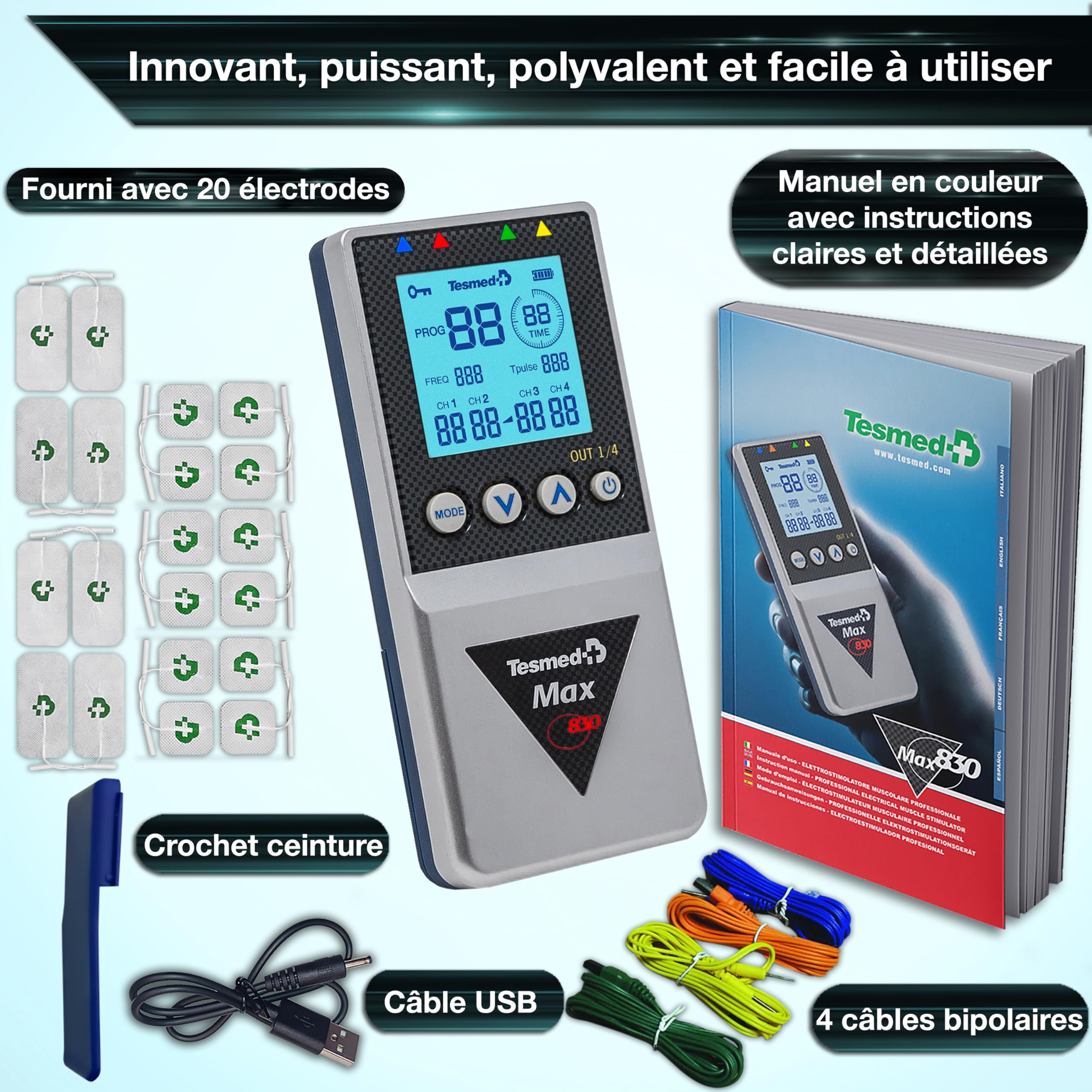 TESMED Max 830: Electrostimulateur Musculaire Professionnel Tens/EMS/Massage avec Stimulation Séquentielle, 4 Canaux, 115 Programmes Dont 20 Personnalisables, Rechargeable, Inclus 20 Électrodes