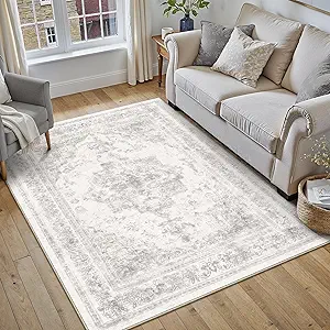Area Rug 4x6 Washable Light Gray Rug Vintage Boho Medallion Entryway Door Mat Grey Distressed Retro Carpet Non Slip Low Pile Small Soft for Office Kitchen Bedroom Laundry Bathroom Hallway