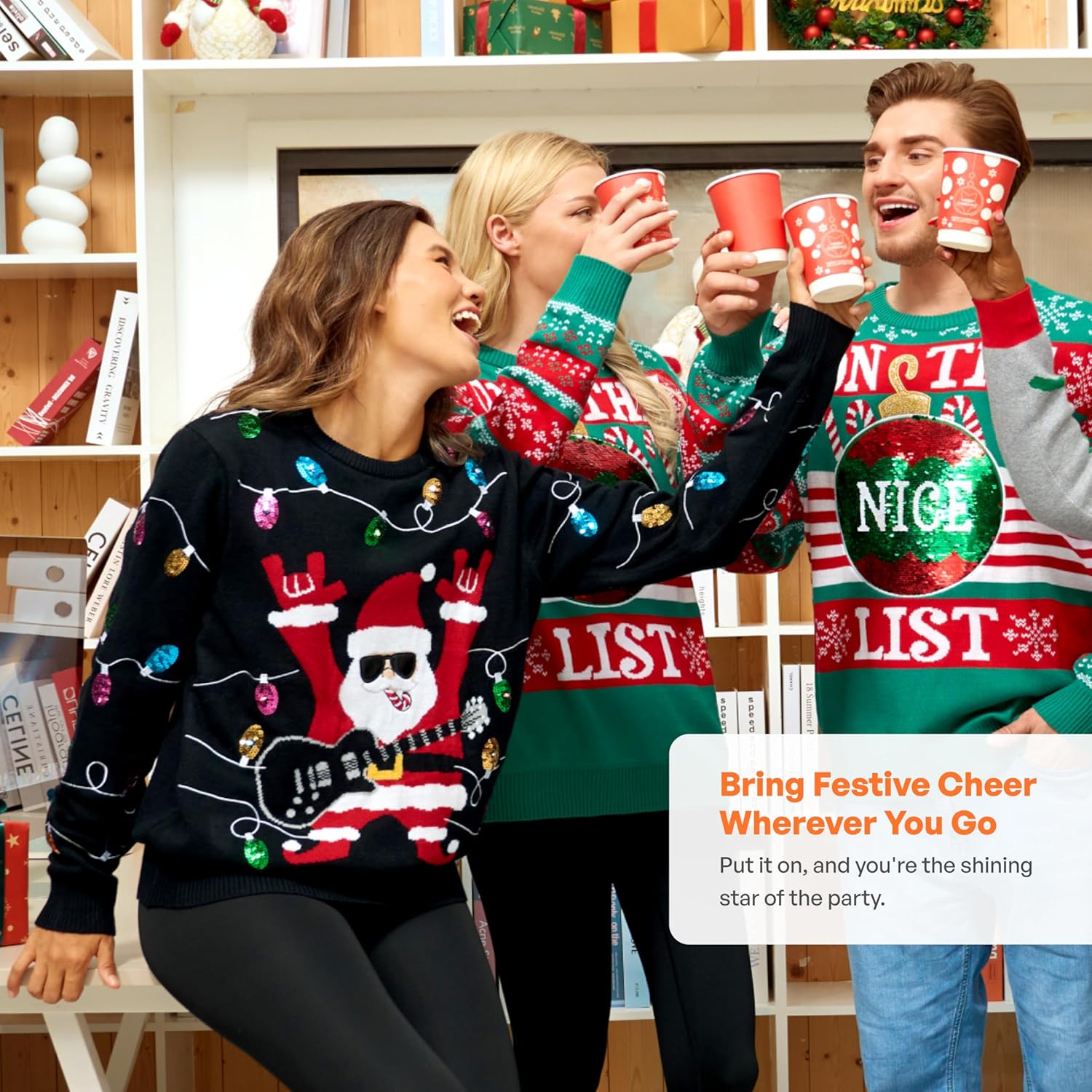 Giggling Getup Ugly Christmas Sweater with Light, LED Ugly Christmas Sweater for Women Men Kids 2025 Santa(Black) - Image 5