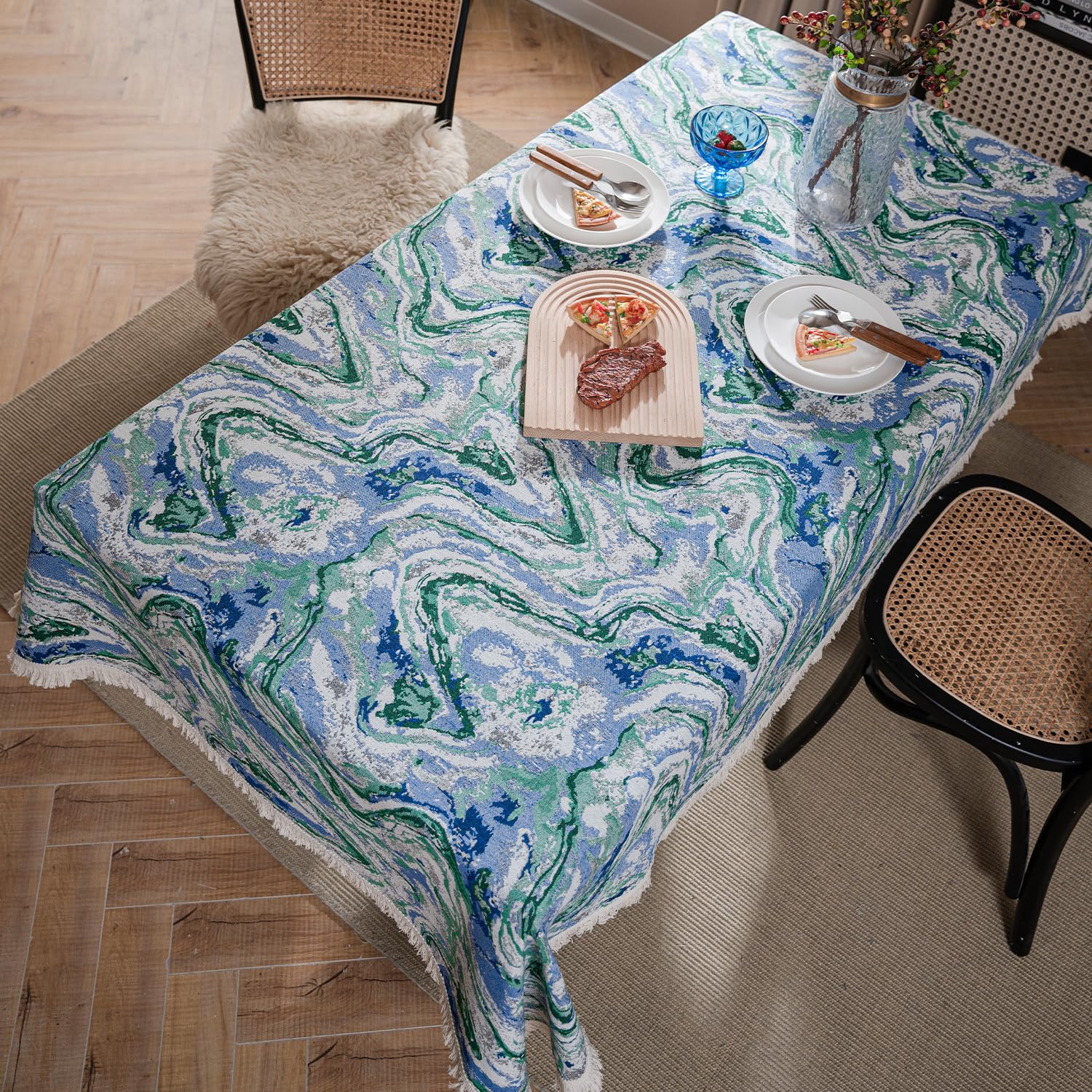 VOGO Blue Watercolor Wave Pattern Tablecloths, 55 x 102 in Linen Textured Fabric Table Cover for Dining Room, Dustproof Decorative Table Cloth for Buffet Banquet Party, 8-10 Seats