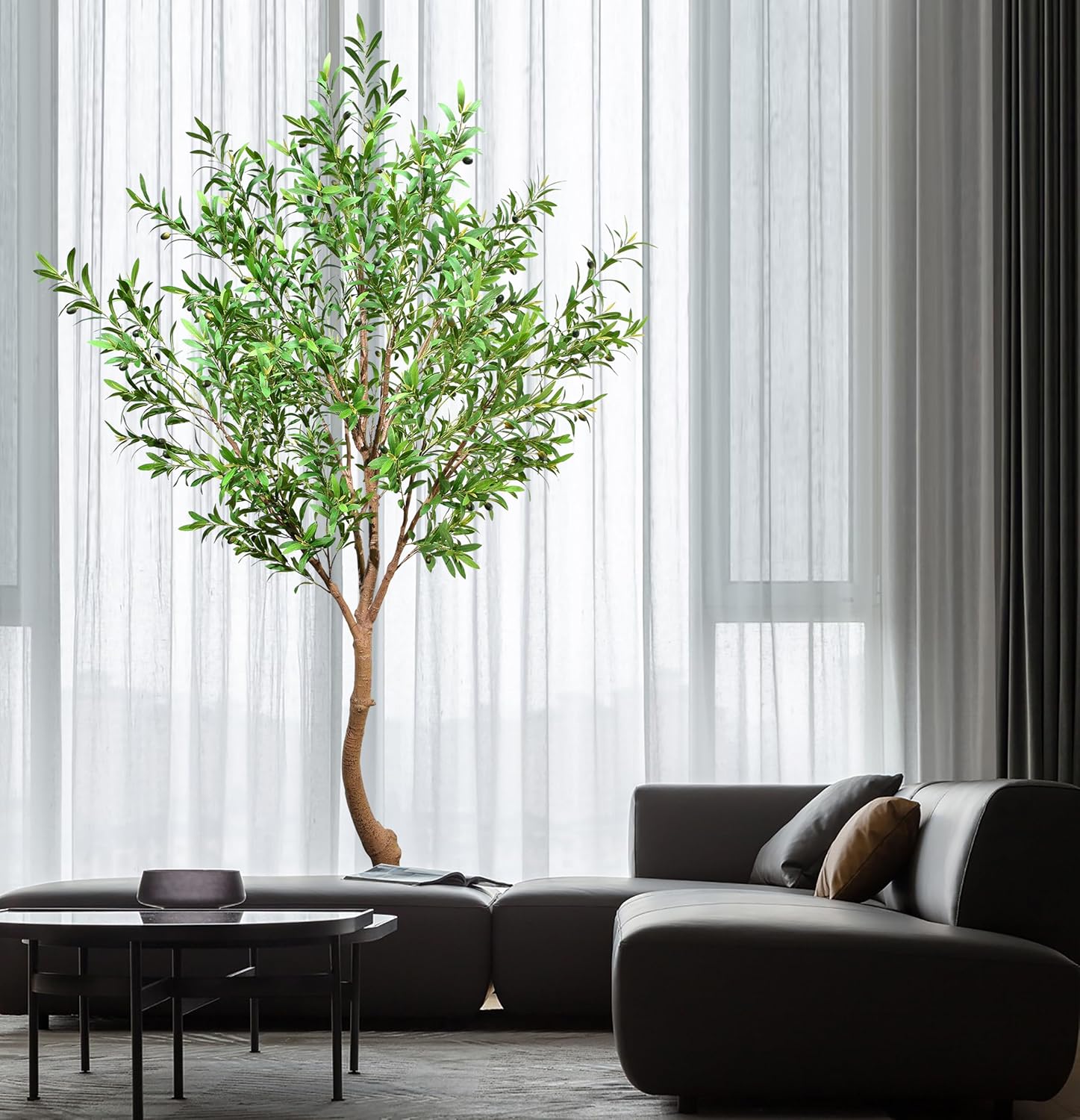8ft artificial olive tree - large indoor fake plants for living room, realistic potted silk tree with olives for home office & bedroom decor