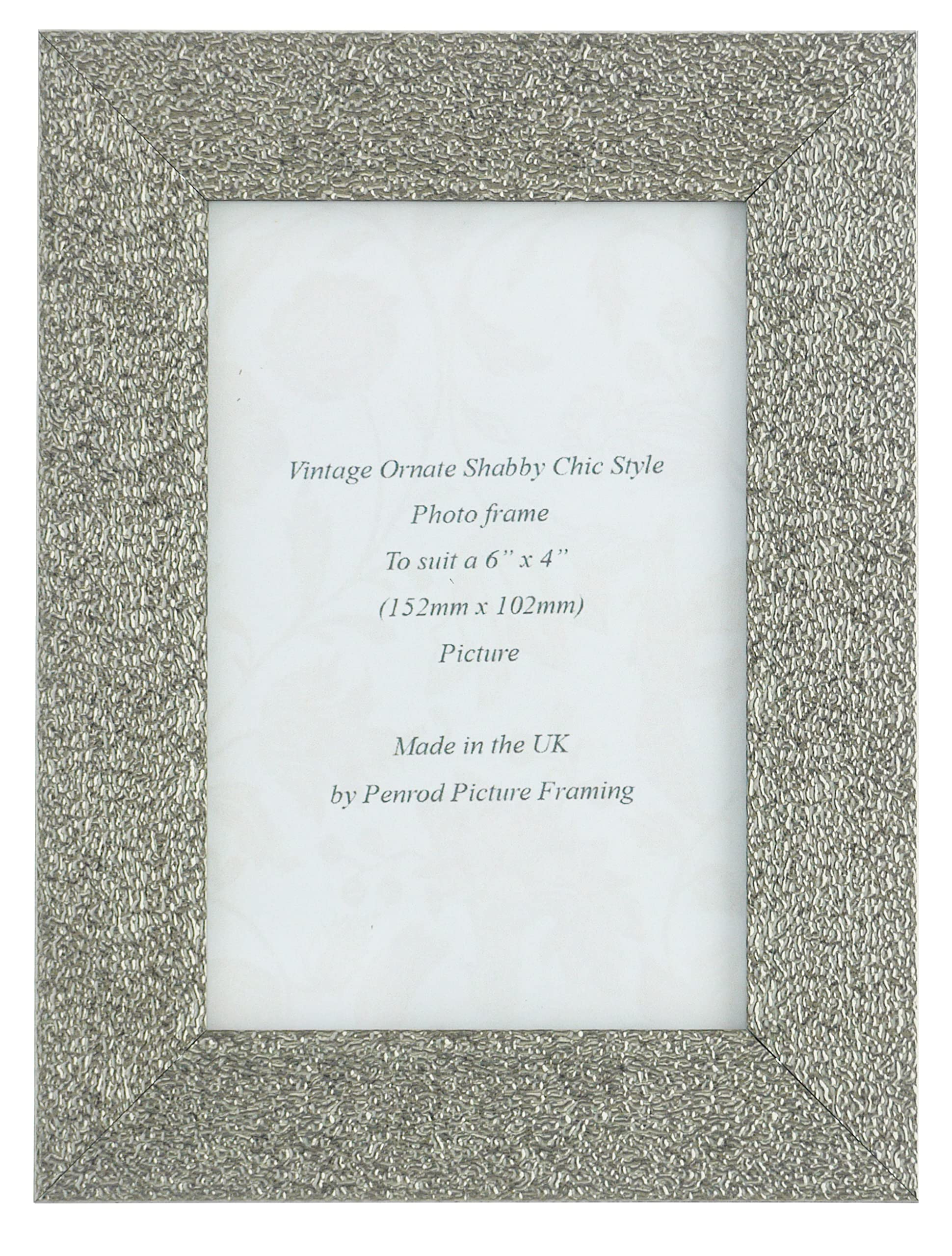 Penrod Picture Framing Charleston Shiny Sparkly Embossed Pewter 6x4 inch photo frame with mirror effect edge.