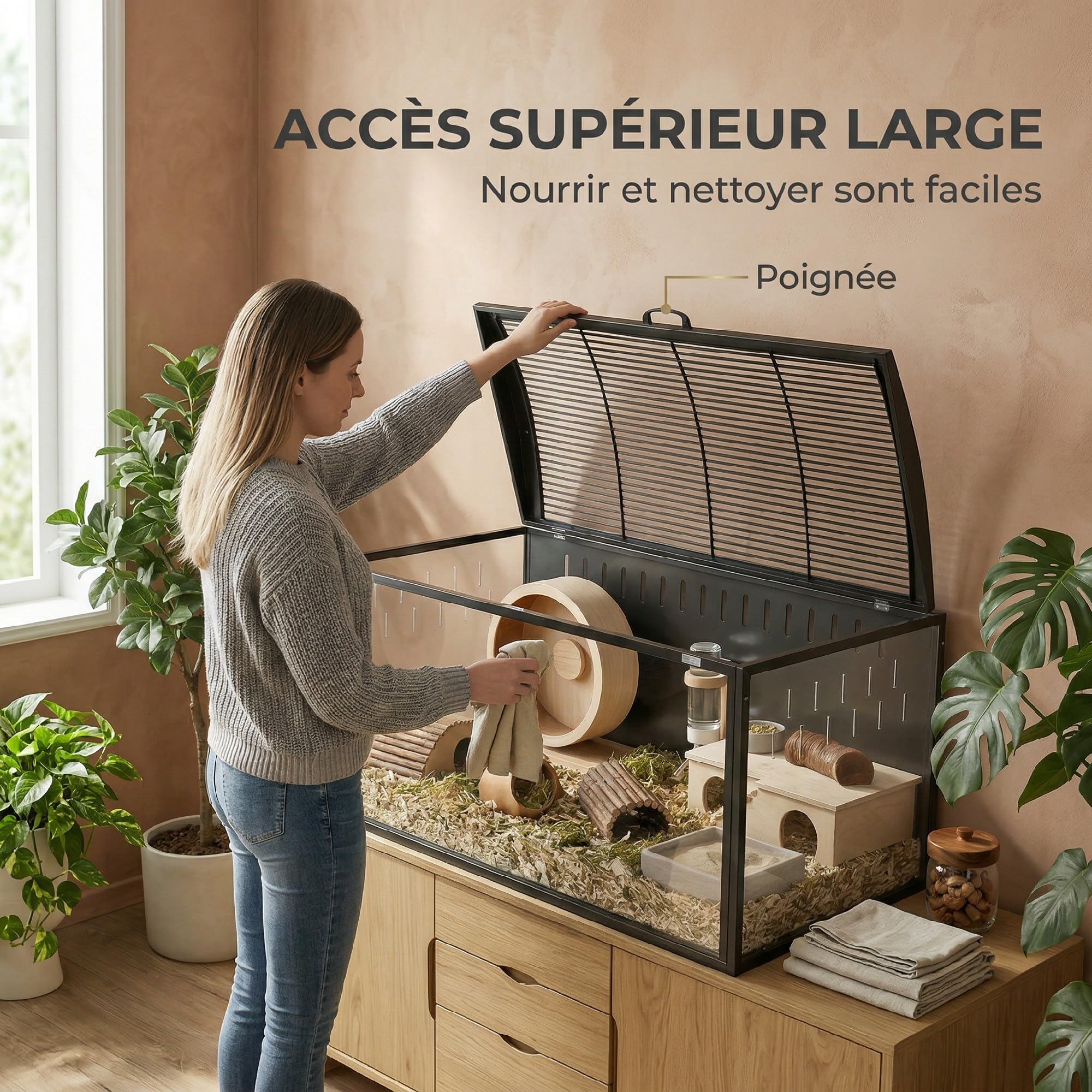 PawHut Cage à Hamster Géante 105 cm Habitat pour Rongeur en Acier et Acrylique Transparent Grande Cage avec Vue Panoramique et Toit Ouvrant pour Hamster Syrien et Souris, Noir