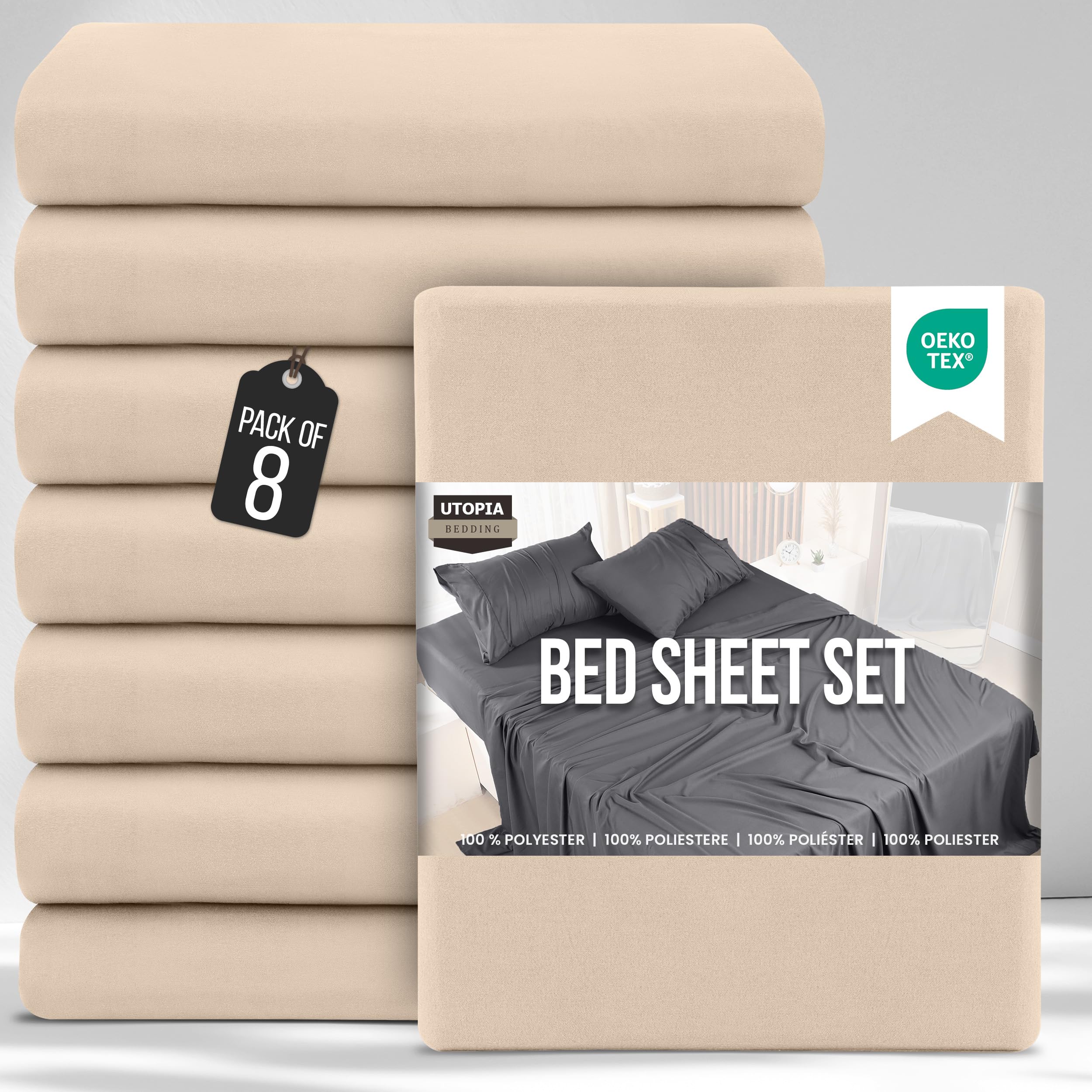Utopia Bedding Bed Sheets Set Bulk Pack of 8 (Double, Beige) – Fitted Sheet, Flat Sheet with Pillow cases 50x75 – Wrinkle, Shrinkage & Fade Resistant – Soft Brushed Polyester Microfiber Fabric — image 1