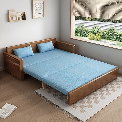 71"queen convertible sofa sleeper,blue cushion sectional sleeper sofa with reversible chaise,walnut color wood sofa bed 3 in 1 pull out couch bed,wooden couch for livingroom,apartment,bedroom,office