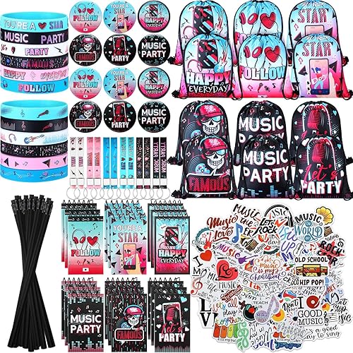Jexine 128 piezas de suministros para fiestas temáticas musicales incluyen 12 pulseras de silicona, 12 llaveros, 12 insignias, 12 lápices, 12 bolsas