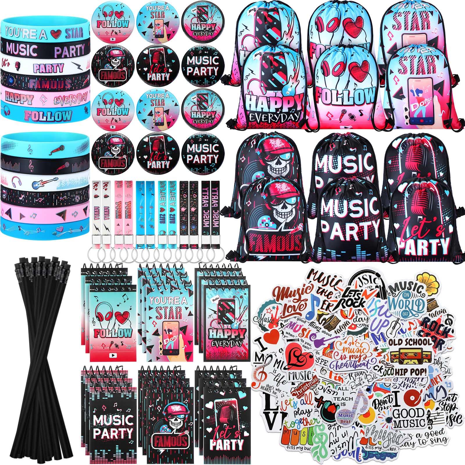 Jexine 128 Pcs Music Theme Party Supplies Include 12 Silicone Bracelets, 12 Keychains, 12 Badges, 12 Pencils, 12 Drawstring Bag, 18 Spiral Notepads,