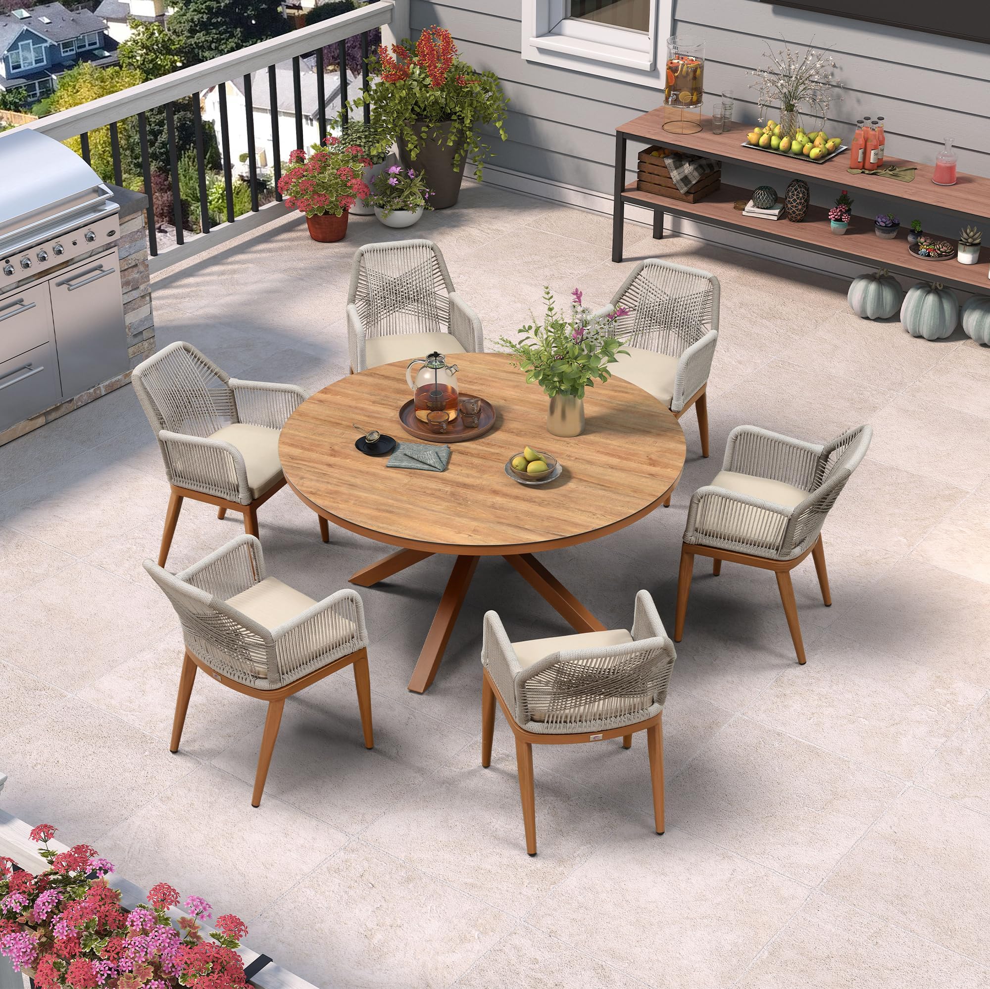 PURPLE LEAF Round Patio Dining Set 7 Pieces with Cushion and Arm, Deep Teak