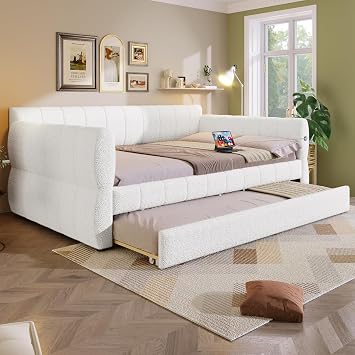 RuiSiSi Queen Size Daybed with Trundle, Upholstered Daybed with USB Ports, Fleece Upholstered Platform Bed Frame with Twin XL Trundle for Bedroom, Living Room, White