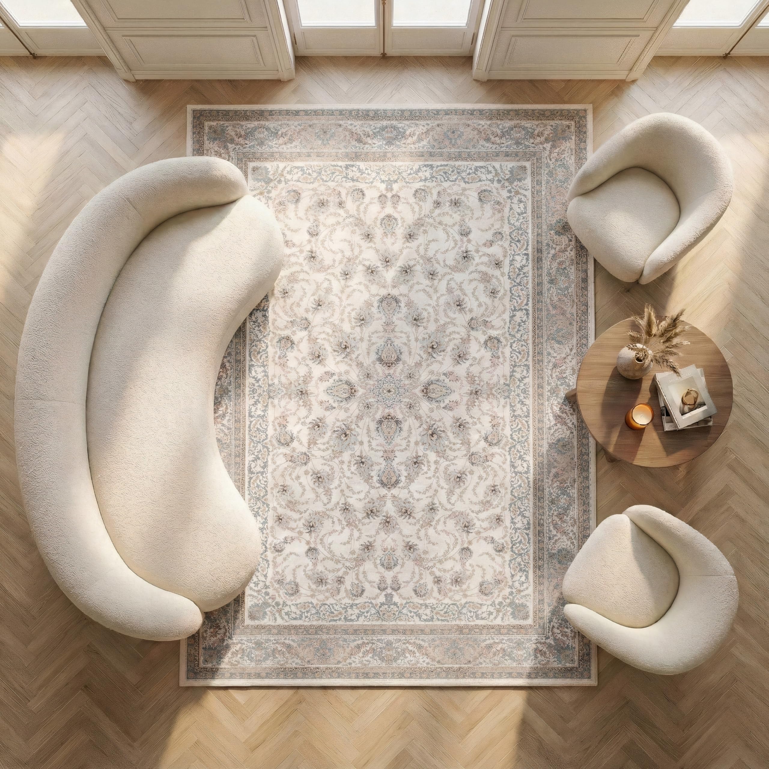 Imperium Homeware Machine Washable Rug, 160x230cm, Non-Slip Backing, Short Pile, Non-Shedding, Pet-Friendly — Area Rug for Living Room & Bedroom, Medallion Pattern, Ivory Silver — image 1