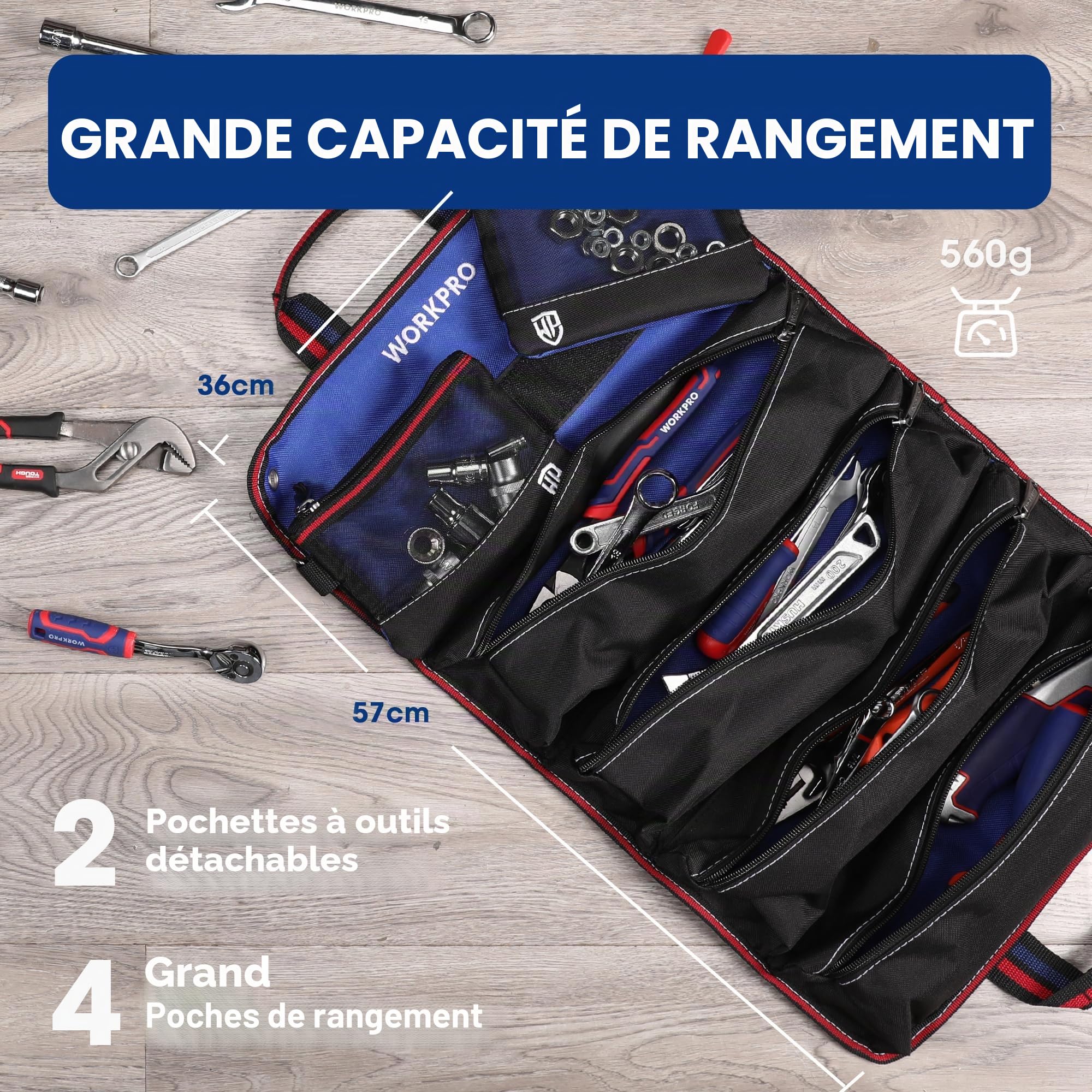 WORKPRO Sac à Outils Enroulable en Toile, Rouleau à Outils 57 * 36CM avec 2 Poches Détachables & 4 Poches Zippées, Pour Siège Arrière et Porte-outils à Suspendre, Electricien/Menuisier