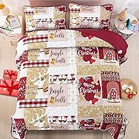 Vista 3 de Xruibed Juego de edredón de Navidad, tamaño King, diseño de campanas y alces, colcha de retazos de Navidad con 2 fundas de almohada, juego