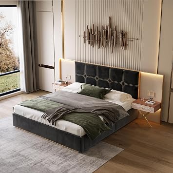 Luxury Modern Bed Frame with Velvet Headboard, 2 LED Lights & Floating Nightstands, CK, Black | Sturdy Wood & Metal Platform Bed, No Box Spring Needed