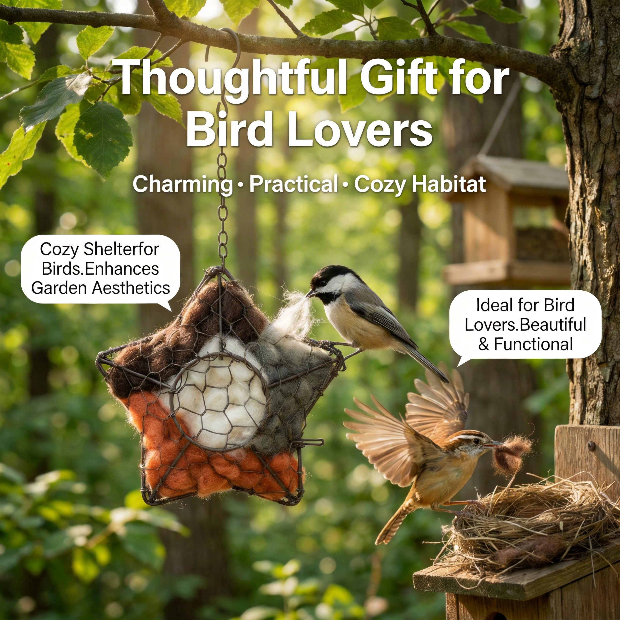 Star Bird Nesting Material Holder, Alpaca Fiber Bird Nesting Material Hanger for Hummingbirds, Refillable Nesting Dispenser – 7.5x6.7in, Handmade Garden Decor, Winter Spring Shelter - 3