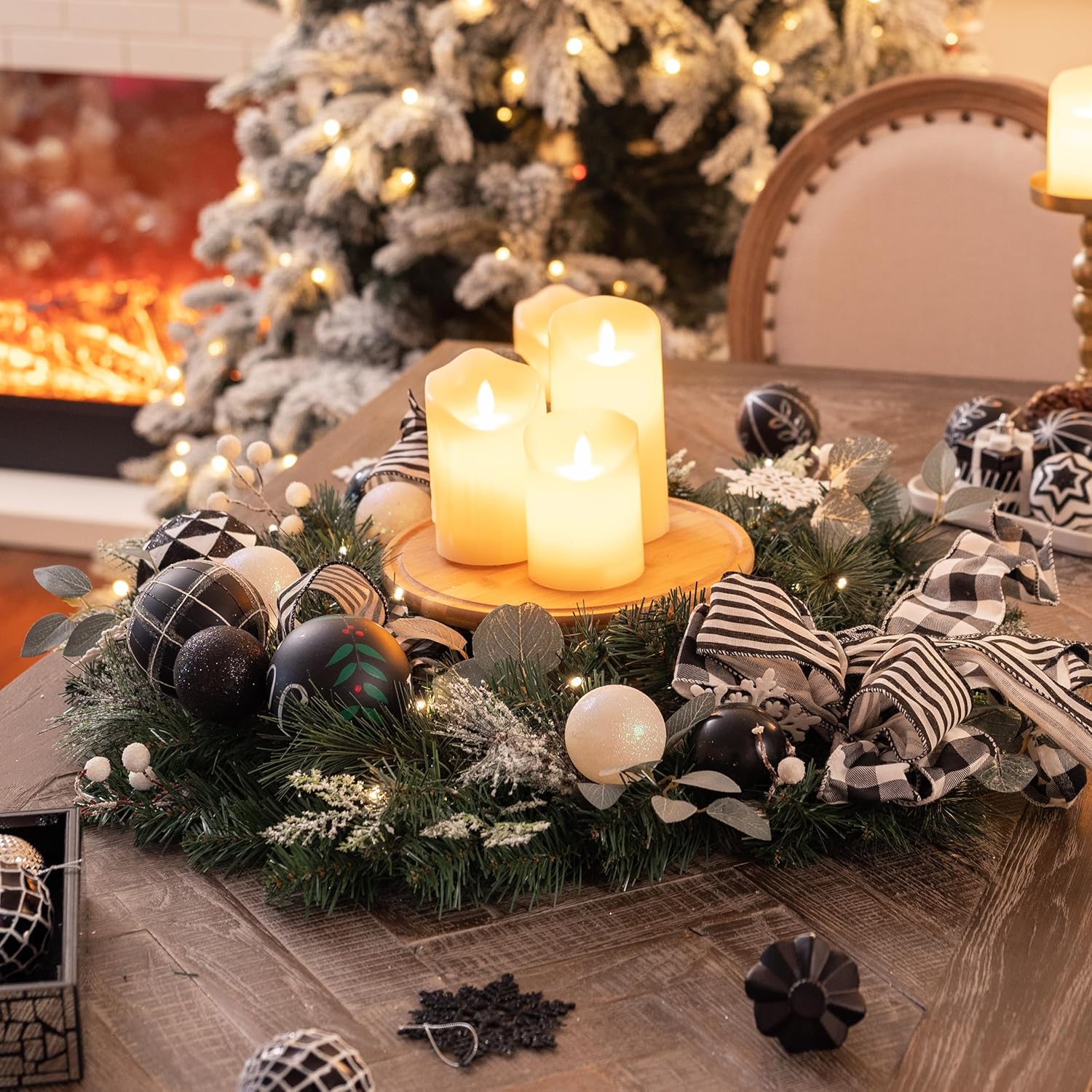 Valery Madelyn 24'' Pre-Lit Christmas Wreath for Front Door with Light, Collapsible Lighted Outdoor Christmas Wreath with Black White Xmas Ball & Bow for Home Porch Fireplace Window Holiday Wall Decor