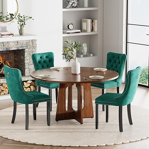 Miniatura 29 de Juego de mesa de comedor redonda de 47 pulgadas para 4, mesa de cocina de mármol sintético blanco circular con 4 sillas de comedor tapizadas de Mesa
