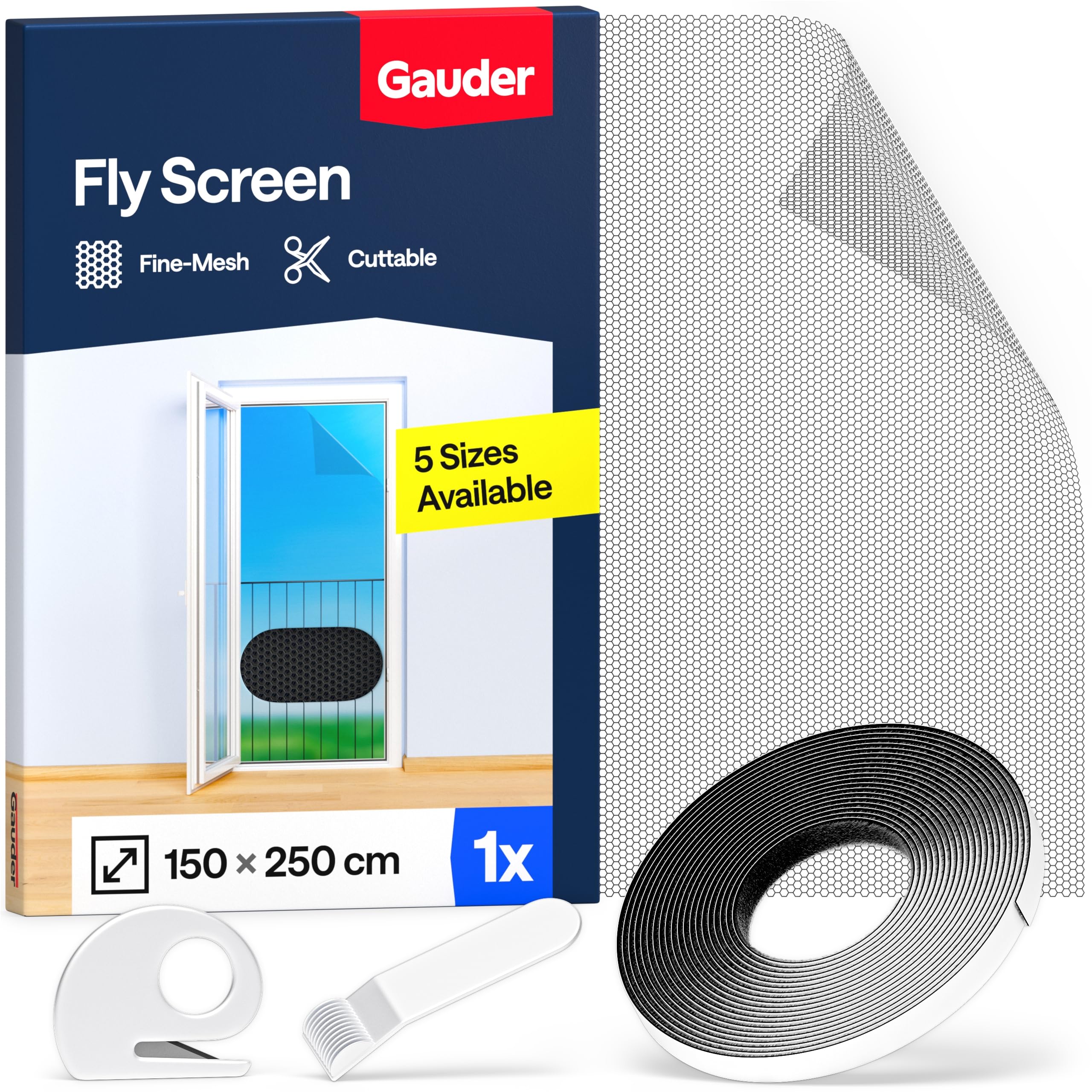 GAUDER Fly Screen for Floor-to-Ceiling Windows - Self-Adhesive Insect Screen for Large Windows - Mosquito Net - Cut-to-Size Fine Mesh Window Bug Net (150 x 250 cm - Black) — image 1