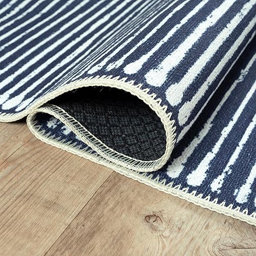 Miniatura 5 de Bloom Rugs Alfombra lavable antideslizante de 2 x 3 pies Alfombra a rayas azules para sala de estar, dormitorio, comedor y cocina, tamaño exacto 2